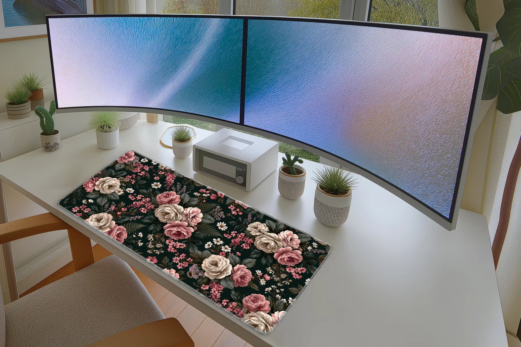 Dark Vintage Floral Blush Rose Garden mouse pad showing stitched edge detail