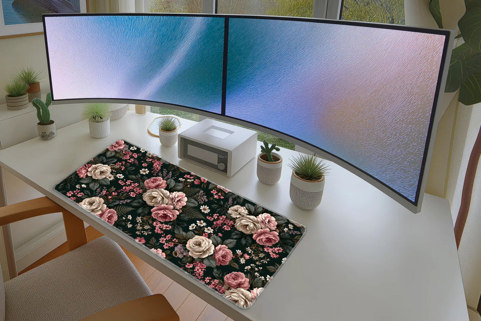 Dark Vintage Floral Blush Rose Garden mouse pad showing stitched edge detail