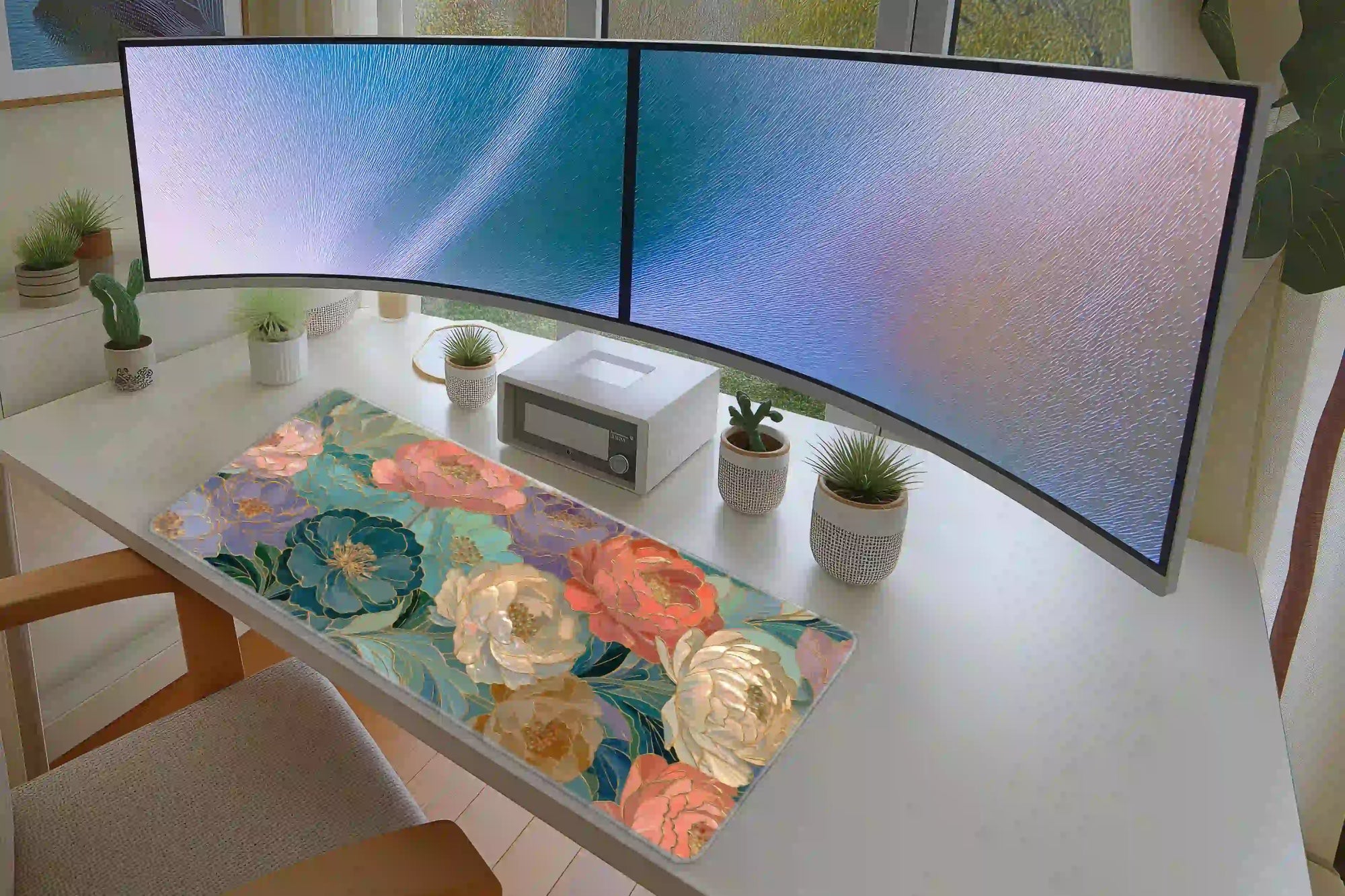 Pastel Peony Floral Gold Outline Desk Mat