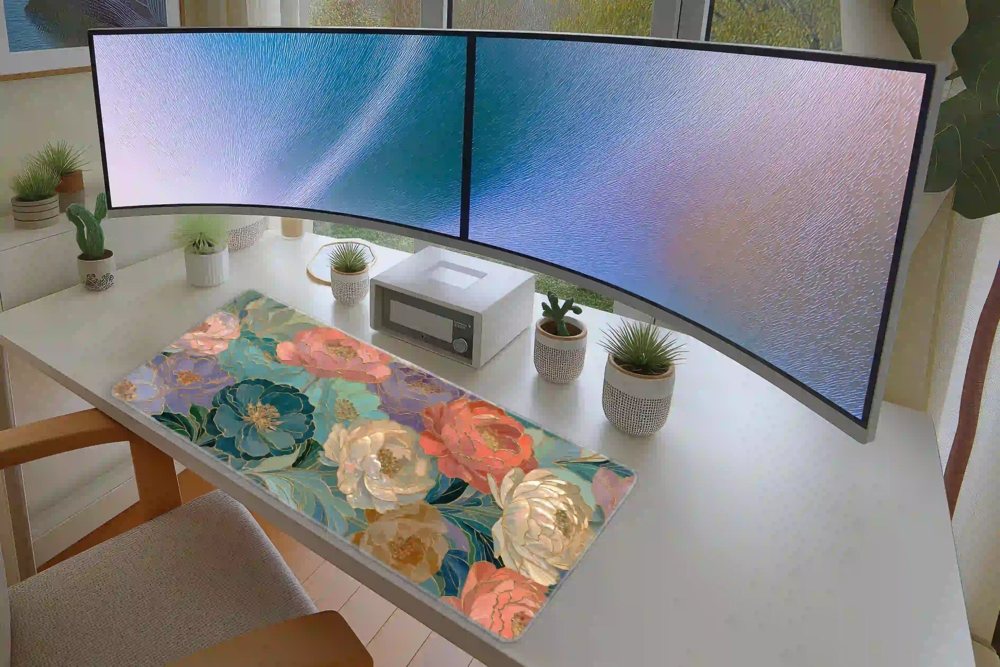 Pastel Peony Floral Gold Outline Desk Mat