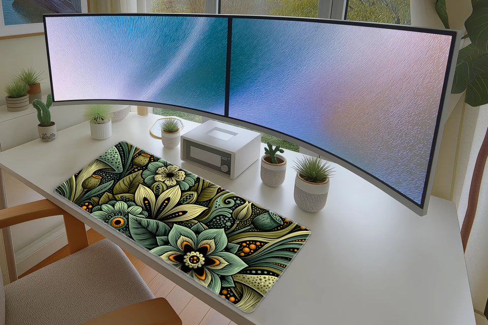 Mushroom Floral Desk Mat | Botanical Mouse Pad in a full desk setup with keyboard, mouse, and office accessories