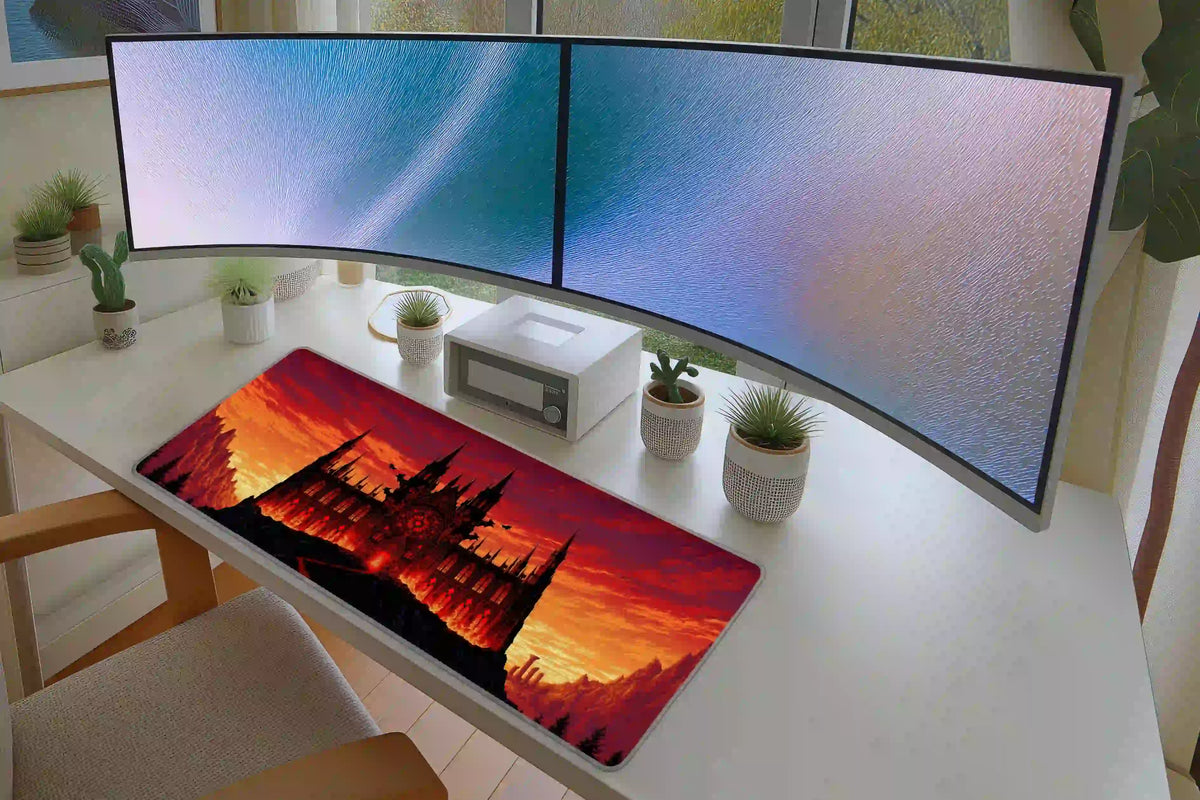 Fiery gothic cathedral desk mat on a white desk beneath dual monitors, shown with small potted plants