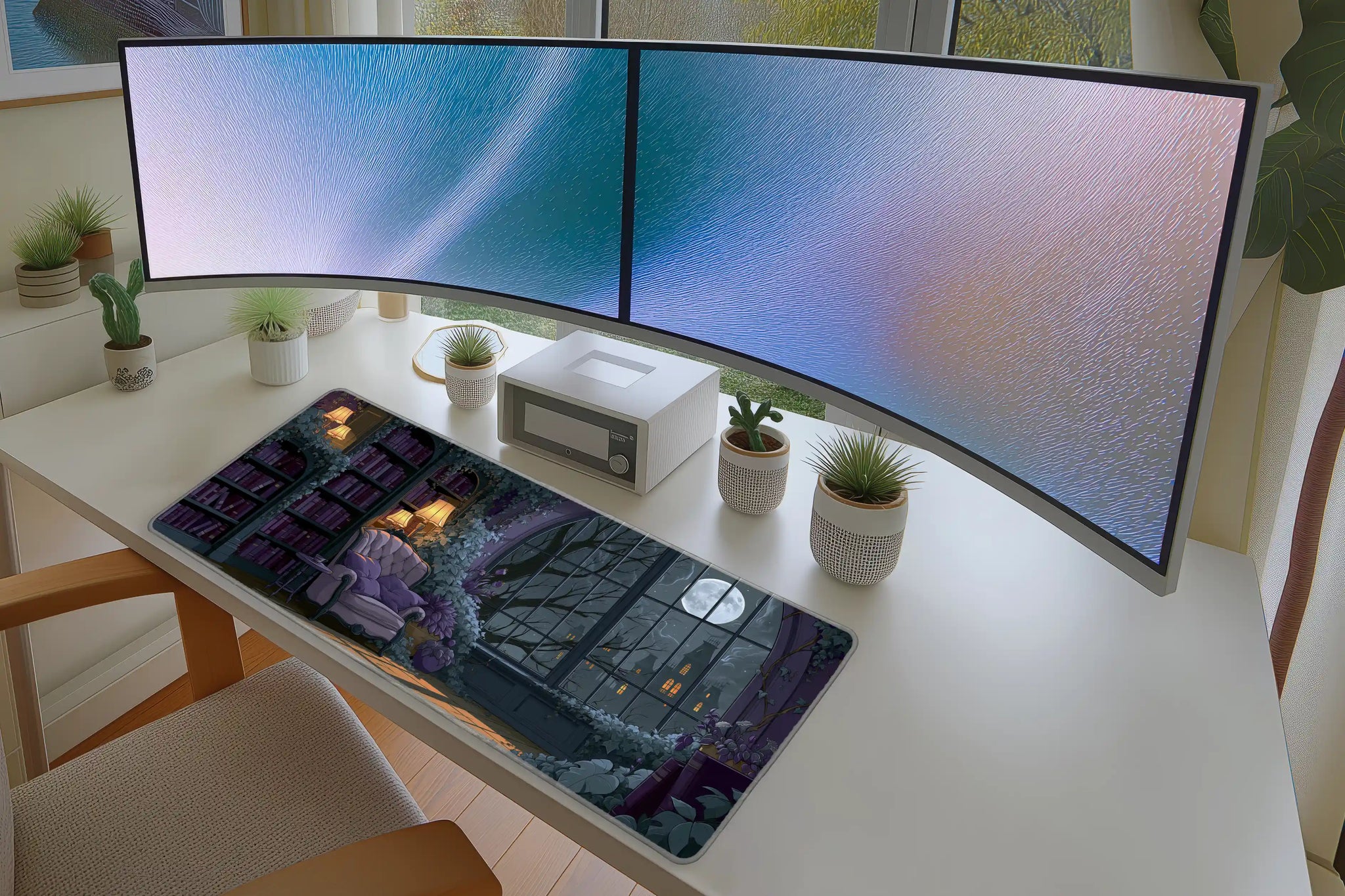 Lifestyle desk mockup of Moonlit Gothic Library Desk Mat | Purple Chair with keyboard and mouse layout