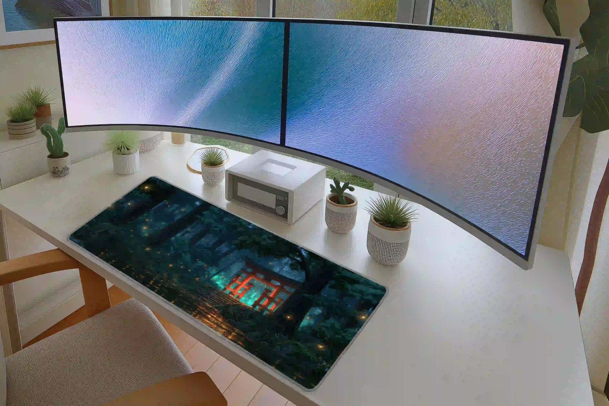 Full keyboard and mouse workspace using the Mystical Torii Forest desk mat