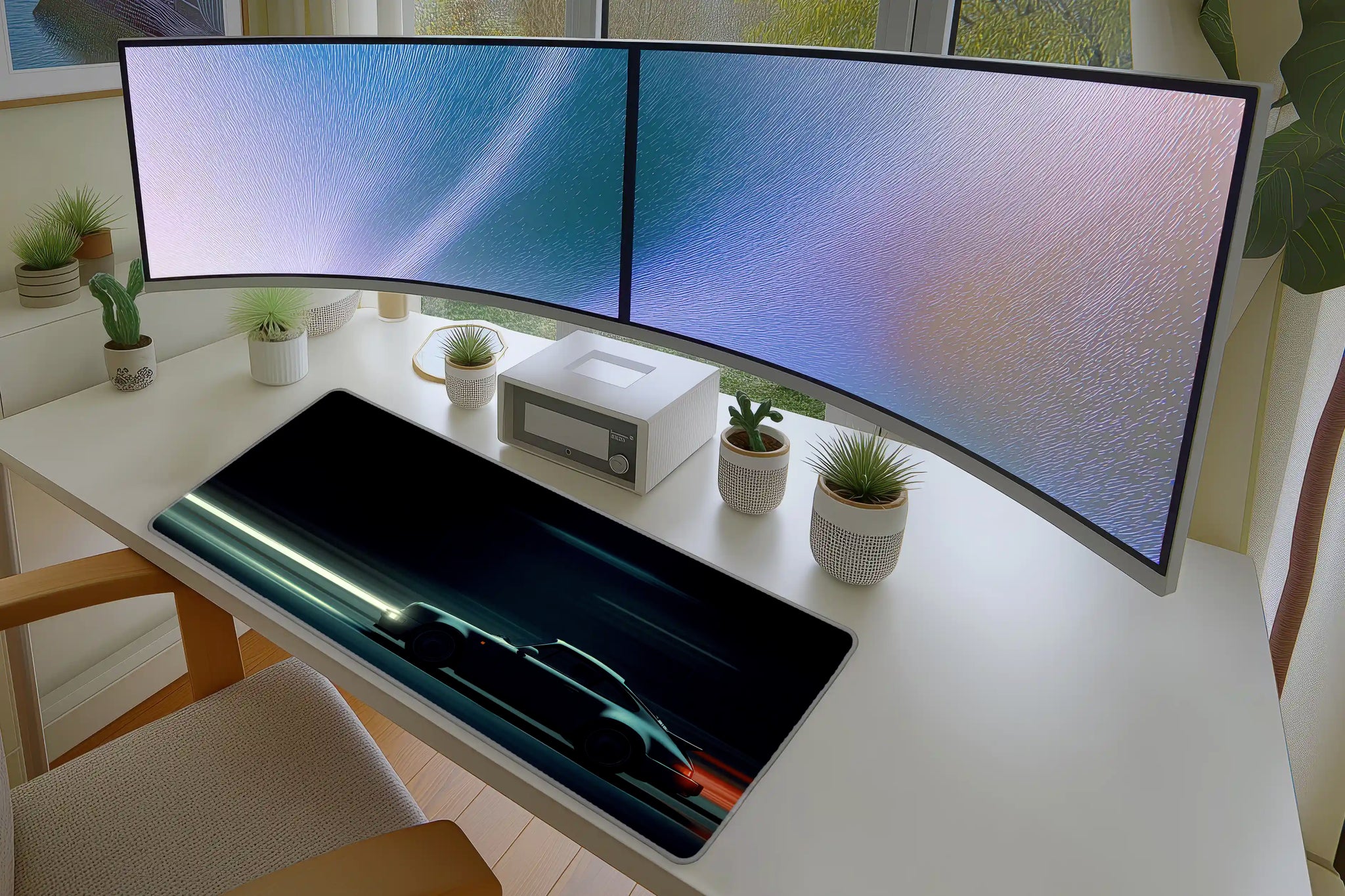 Retro Night Drive Mousepad – Neon Lights & Classic Car Art