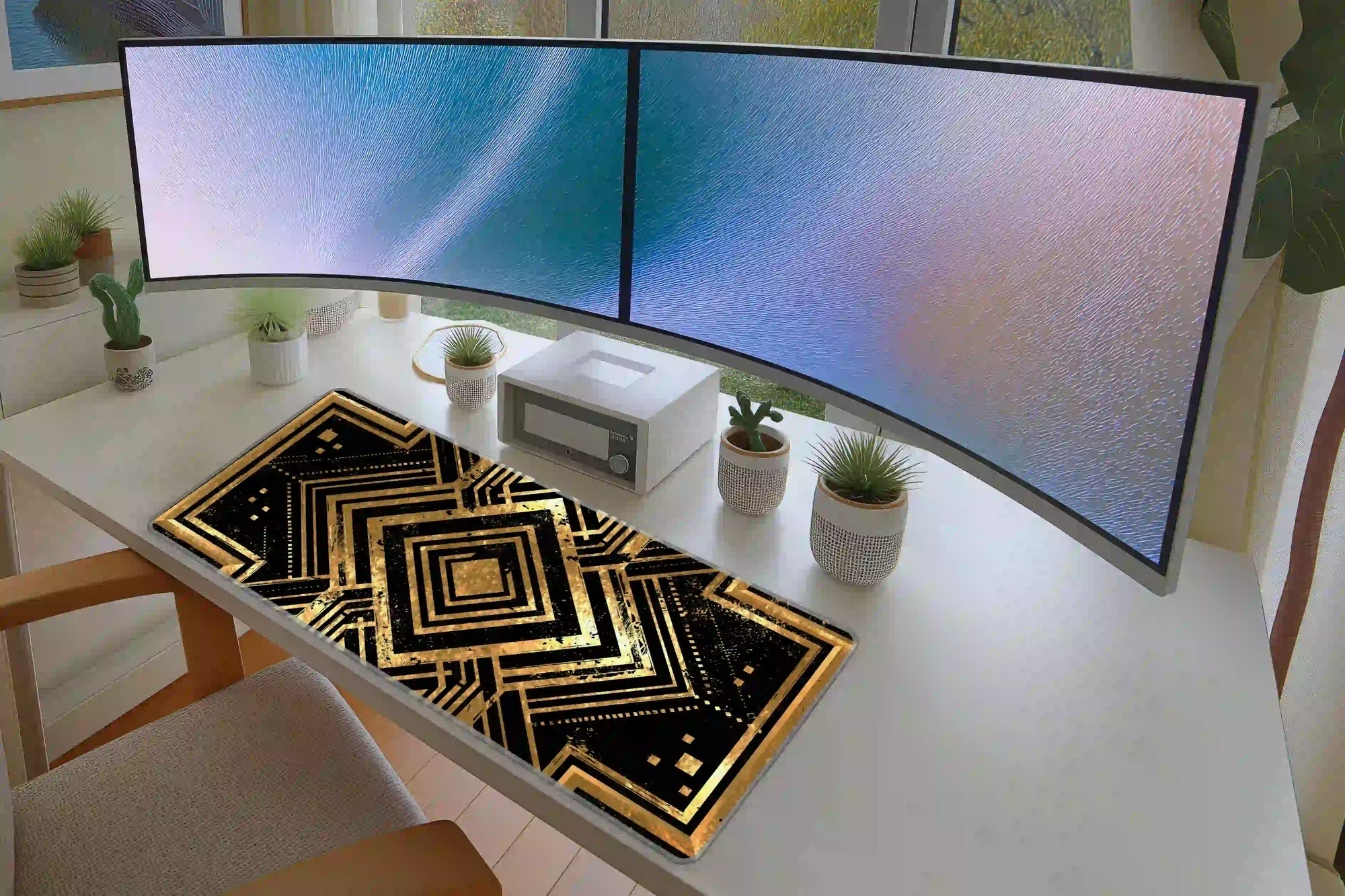 Black and Gold Art Deco desk mat in a full desk setup with a keyboard and mouse layout