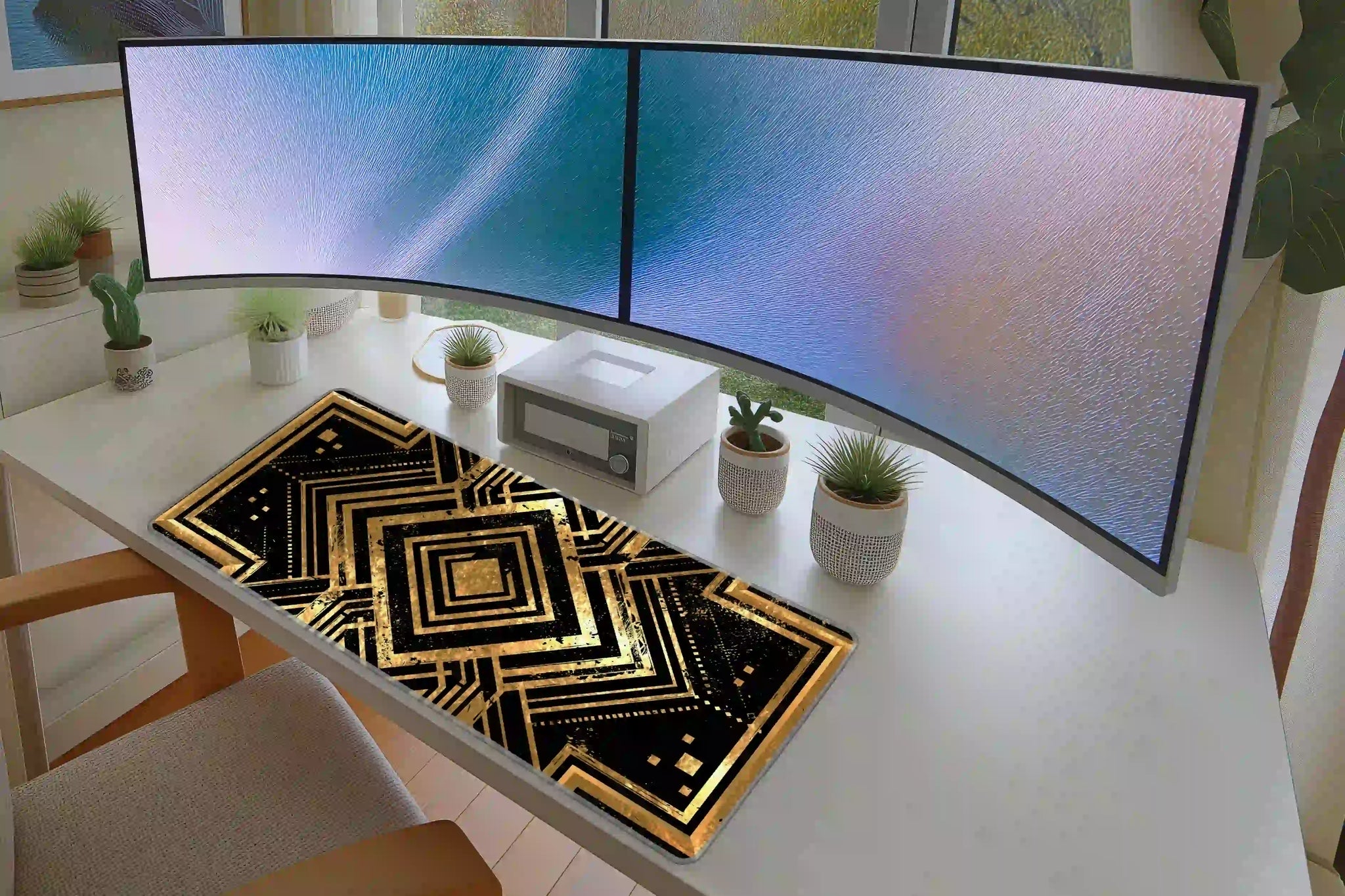 Black and Gold Art Deco desk mat in a full desk setup with a keyboard and mouse layout