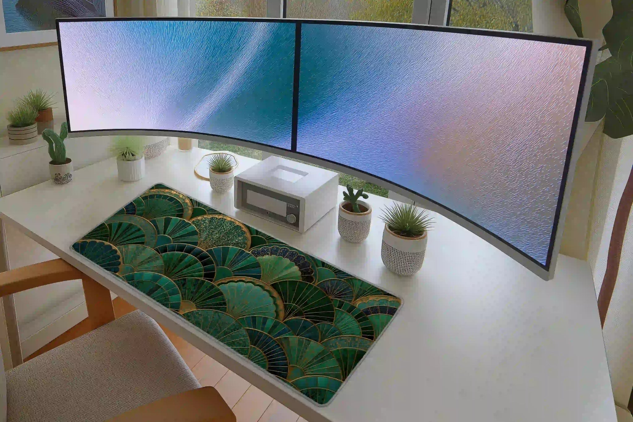 Emerald Green and Gold Art Deco Fan Pattern Desk Mat