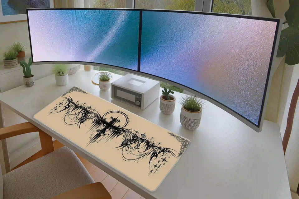Office desk setup featuring the gothic cyber sigil skull black and cream extended mouse pad