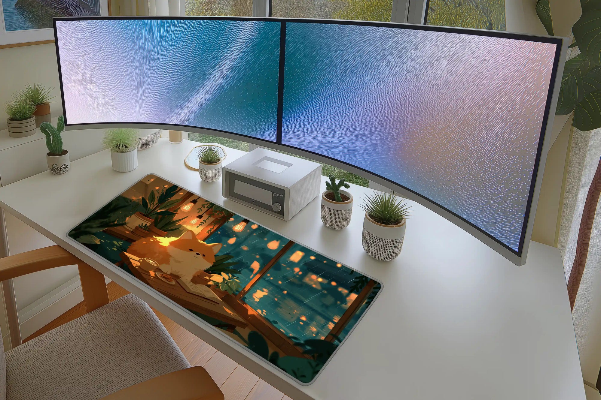 Lifestyle desk mockup of Corgi Rainy Window Desk Mat | Coffee Plant Nook with keyboard and mouse layout