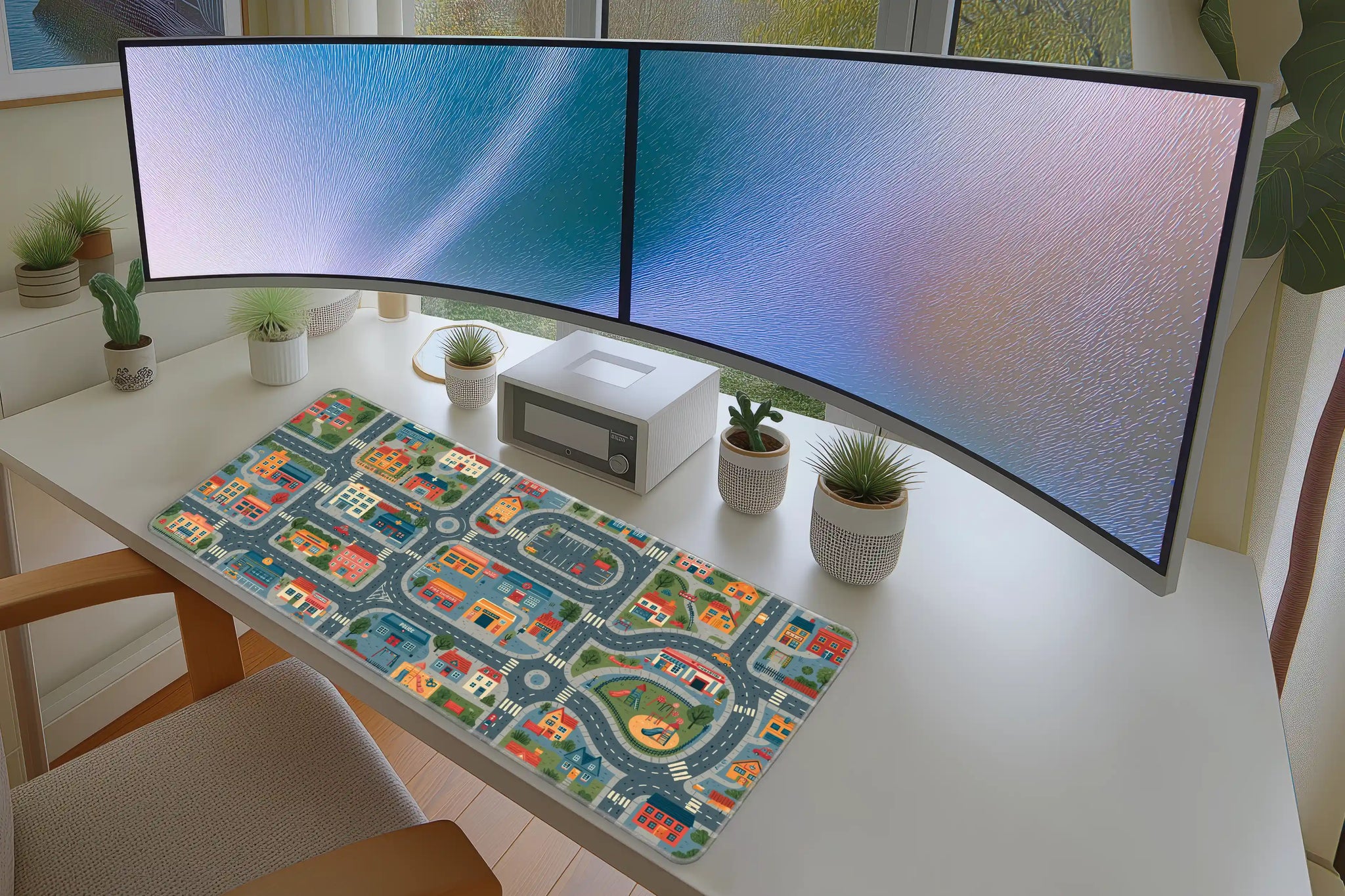Kids City Road Map Desk Mat – Colorful Town Playmat Mousepad