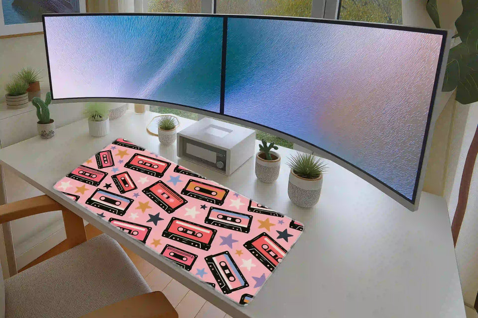 Retro Cassette desk mat in a full desk setup with a keyboard and mouse layout