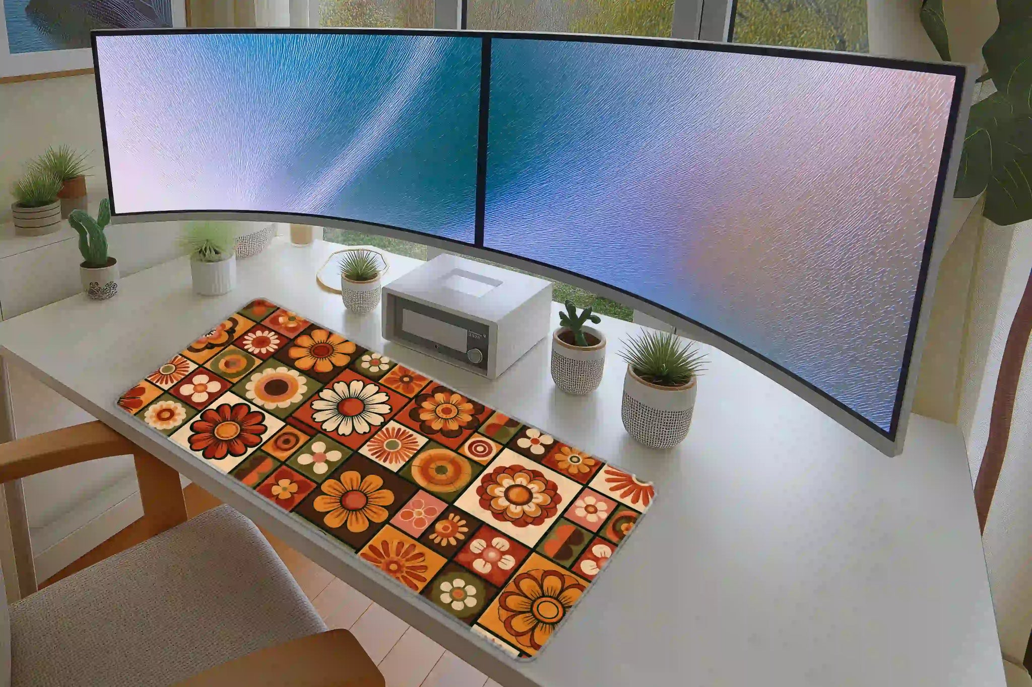 Retro 70s Floral desk mat in a full desk setup with a keyboard and mouse layout