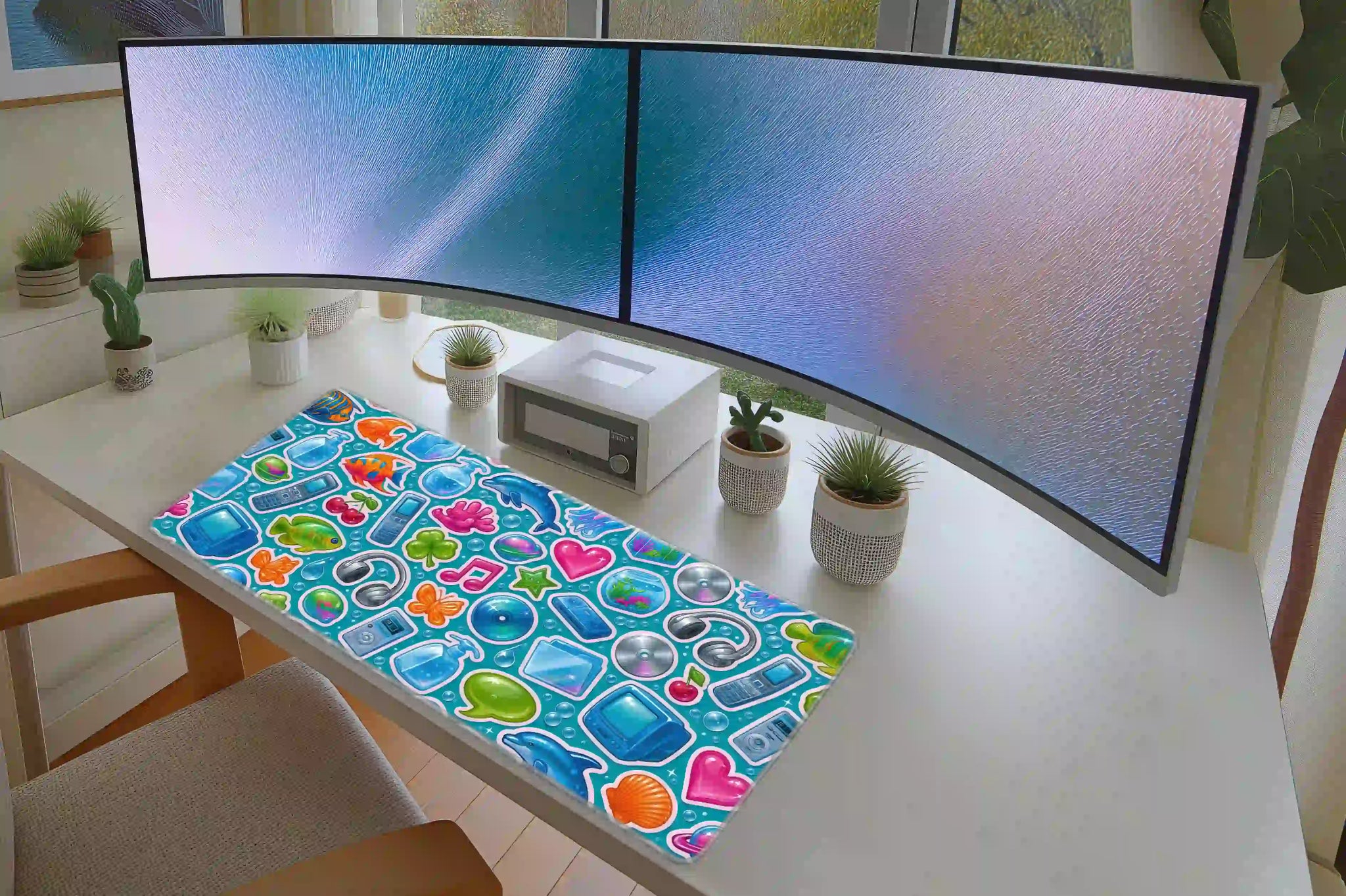Y2K Aqua Sticker desk mat in a full desk setup with a keyboard and mouse layout