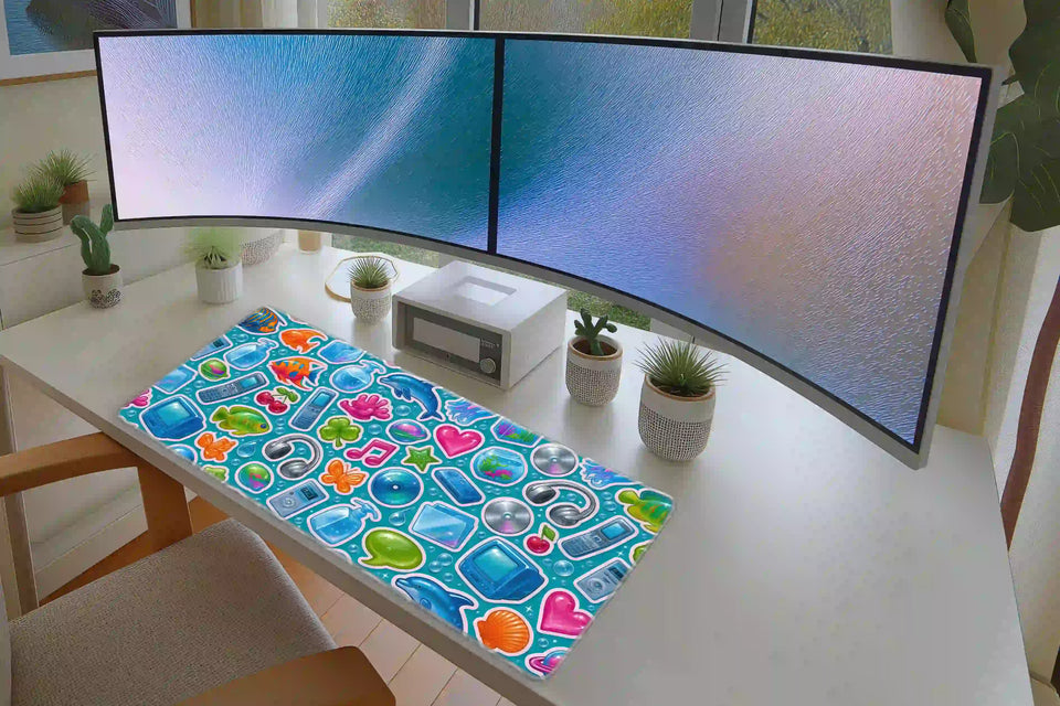 Y2K Aqua Sticker desk mat in a full desk setup with a keyboard and mouse layout