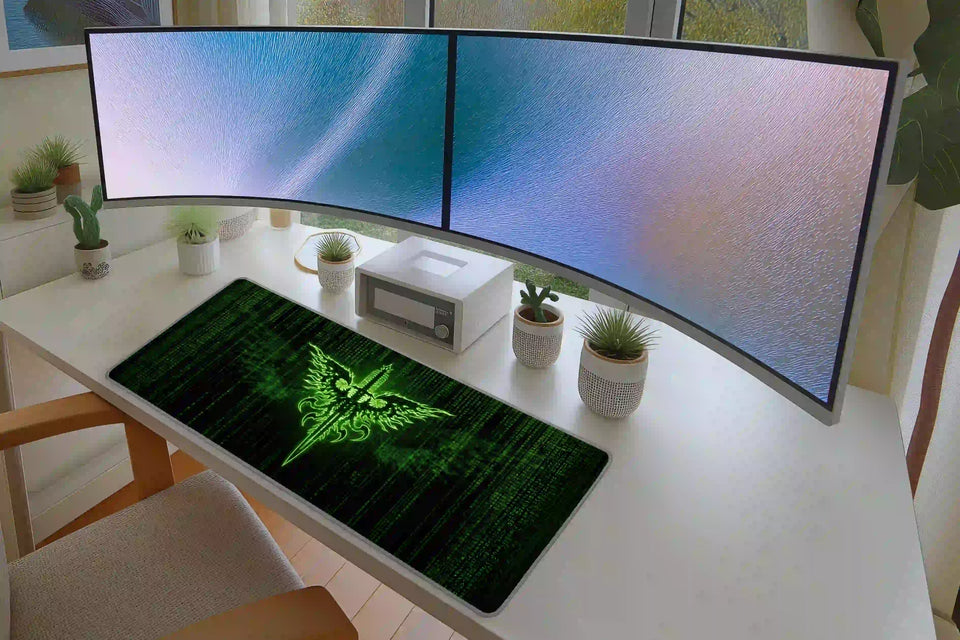 Keyboard and mouse workspace styled with the neon green cyber code sigil desk mat