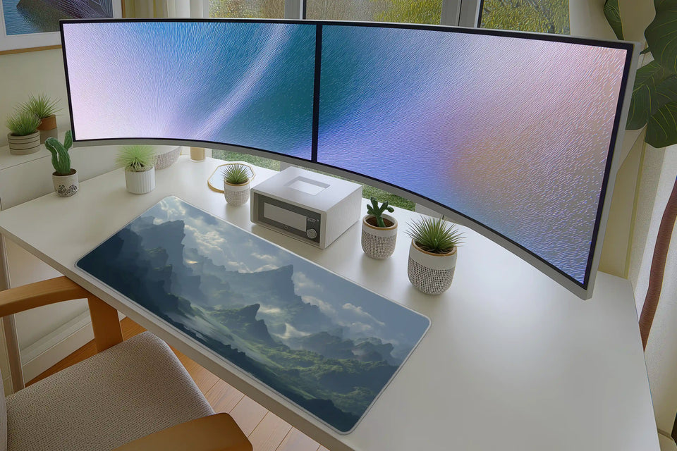 Epic Fantasy Mountain Landscape – Misty Valley desk mat artwork and product view