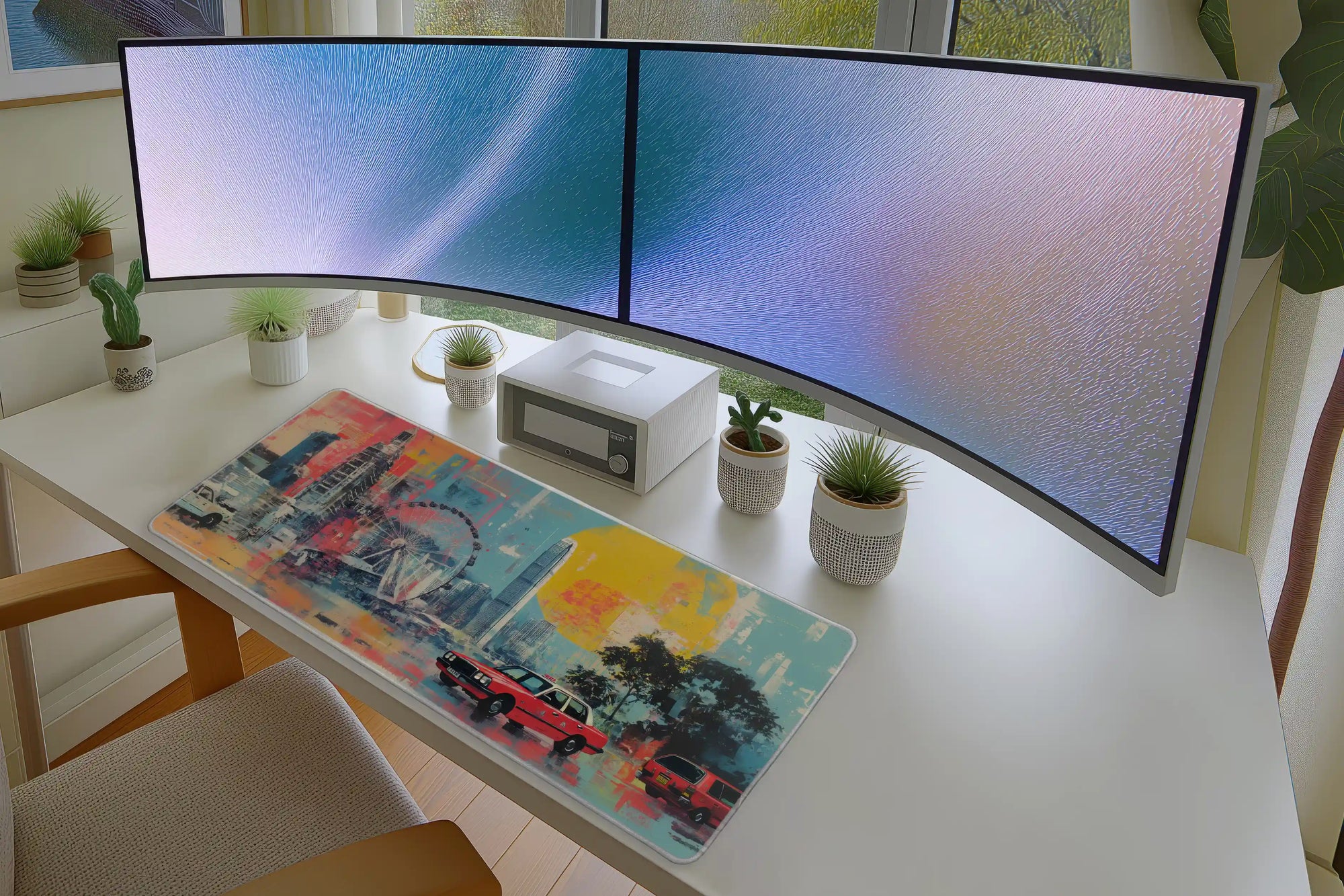 Urban Cityscape Mousepad – Neon Taxis & Ferris Wheel Art