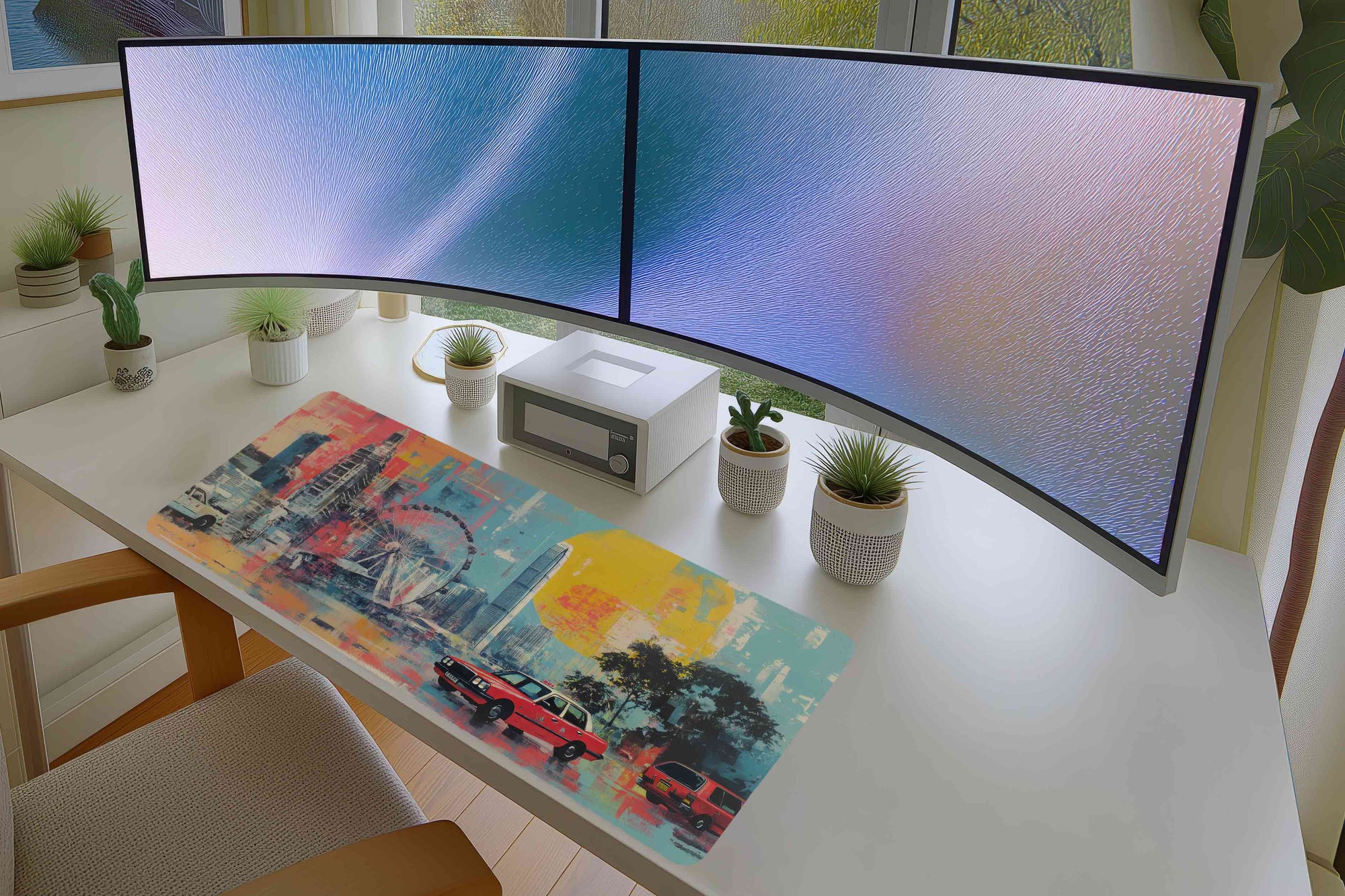 Urban Cityscape Mousepad – Neon Taxis & Ferris Wheel Art
