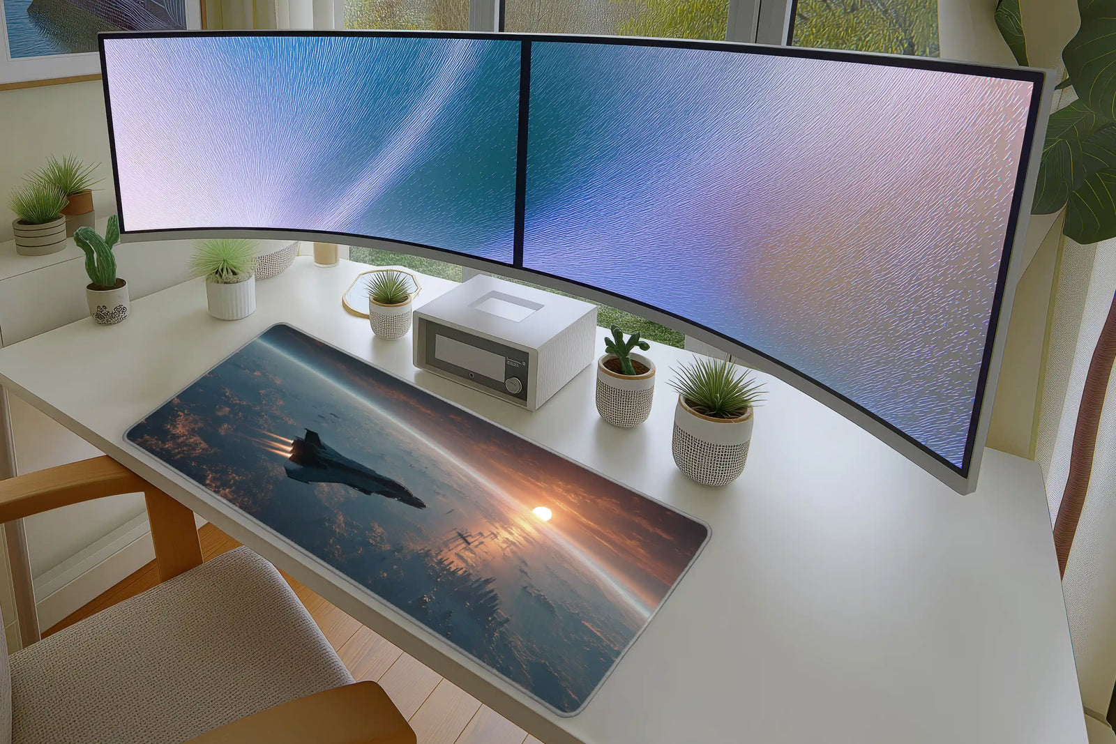 Futuristic Spaceship Mousepad – Sci-Fi City at Sunset