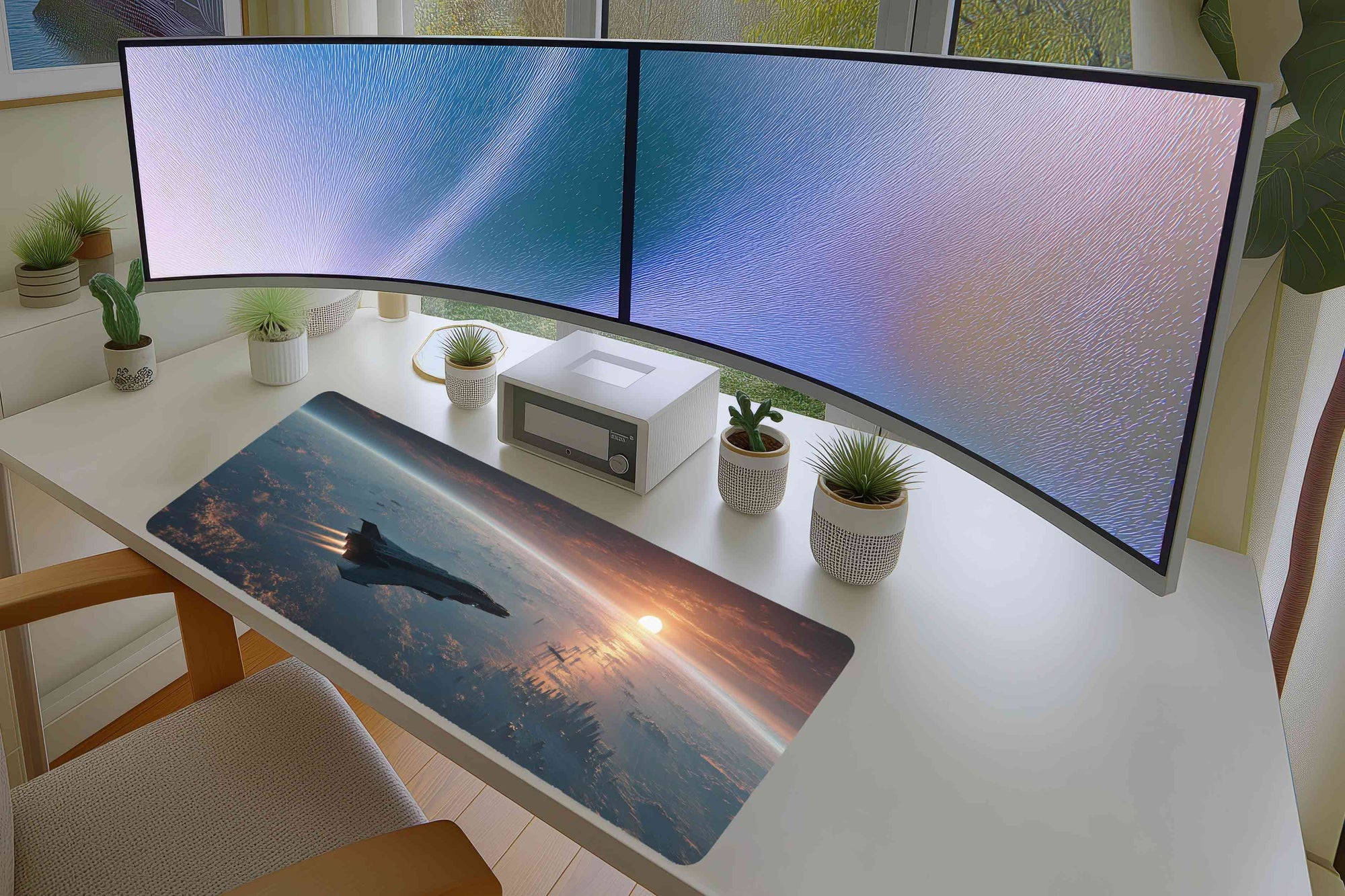 Futuristic Spaceship Mousepad – Sci-Fi City at Sunset