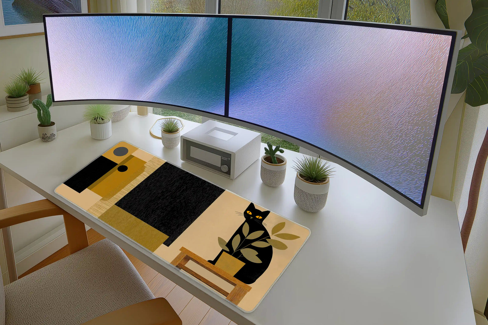 Modern Black Cat Mousepad – Minimalist Art with Plant Design