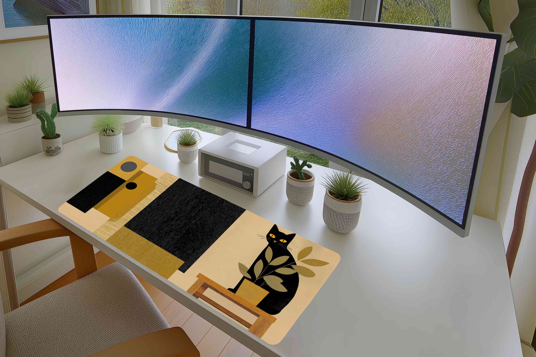 Modern Black Cat Mousepad – Minimalist Art with Plant Design