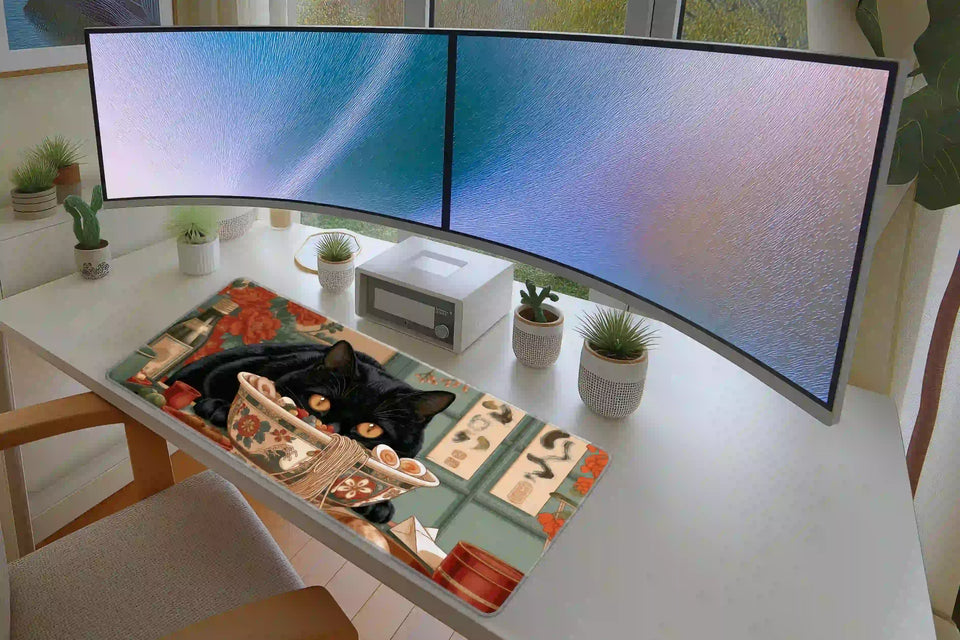 Black cat ramen Japanese-inspired art mouse pad in a full student or gaming desk setup