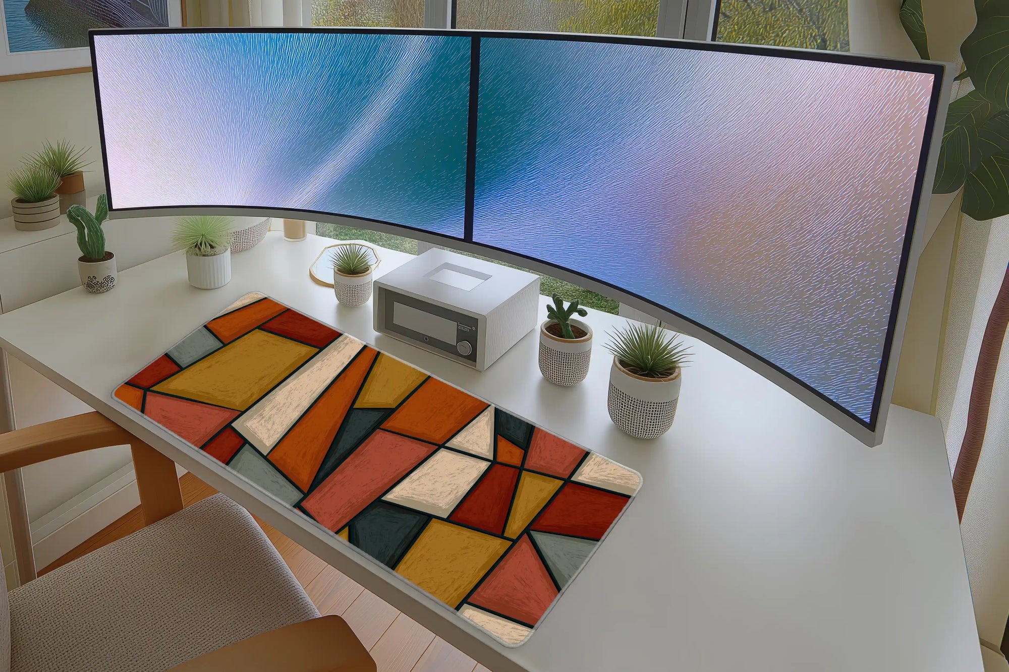 Retro Geometric Desk Mat | Abstract Pattern Mouse Pad in a full desk setup with keyboard, mouse, and office accessories