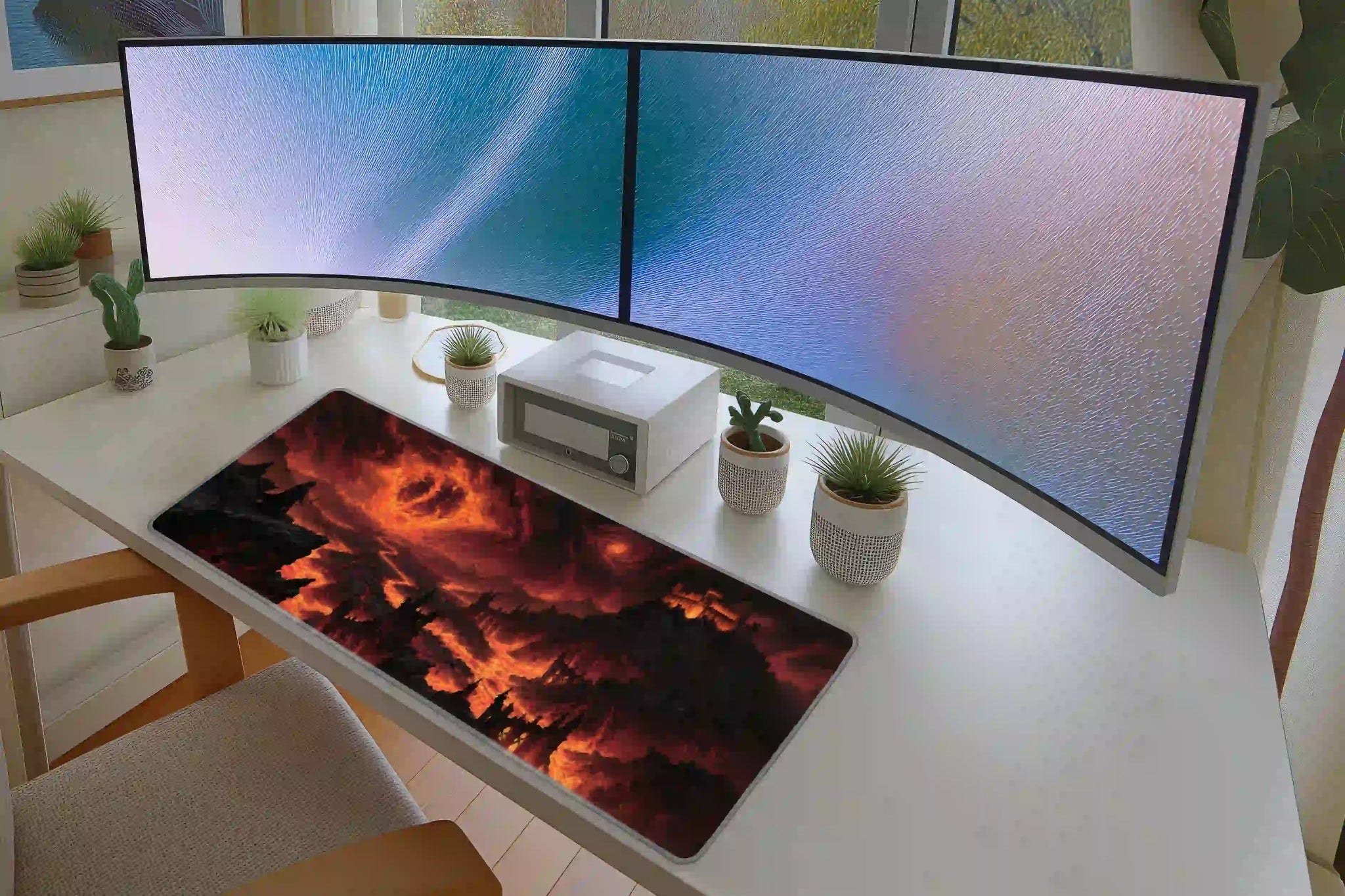 Gothic Fire Castle desk mat arranged under a keyboard and mouse on a student study desk
