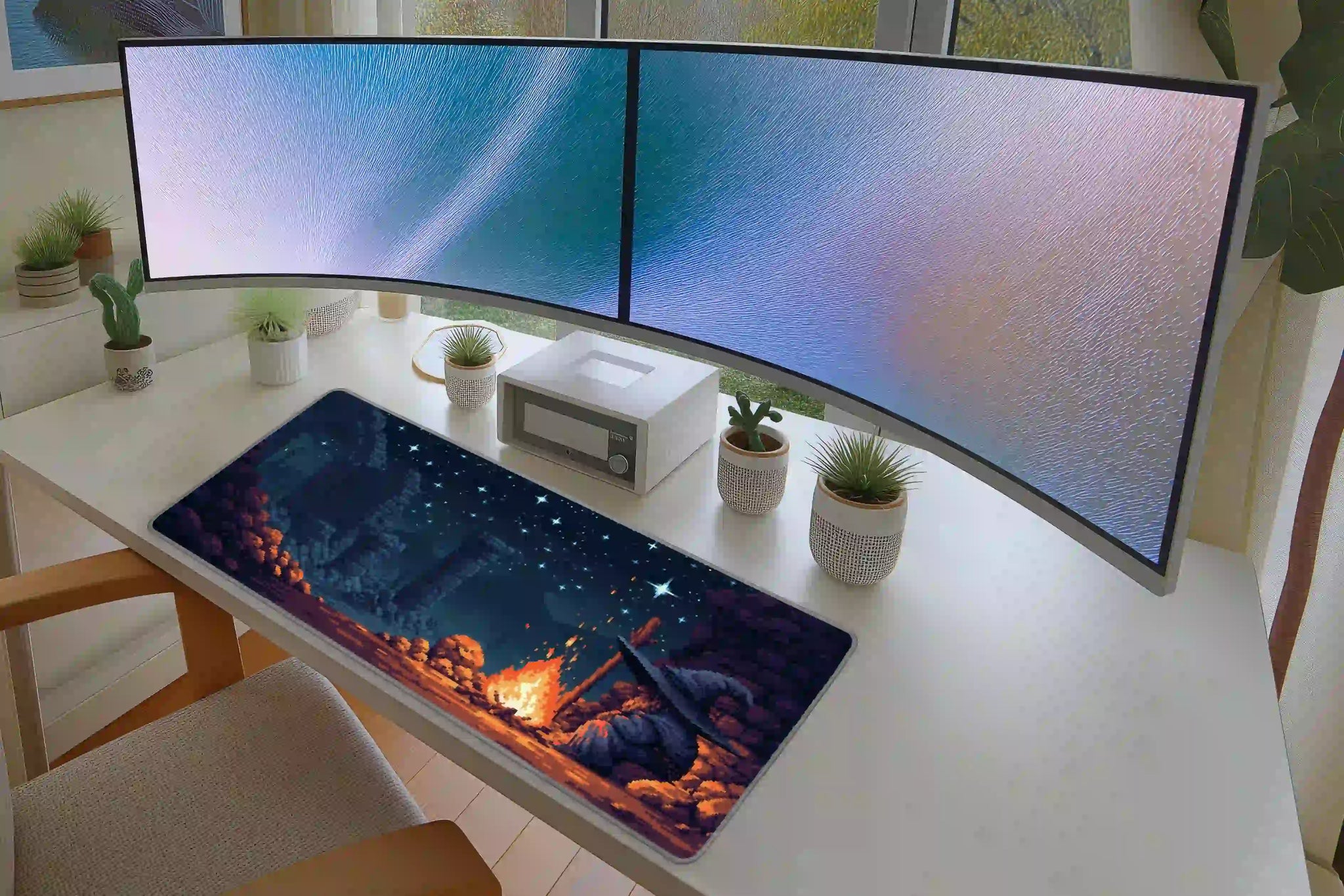 Keyboard and mouse layout on the Pixel Wizard Campfire desk mat for a gaming setup