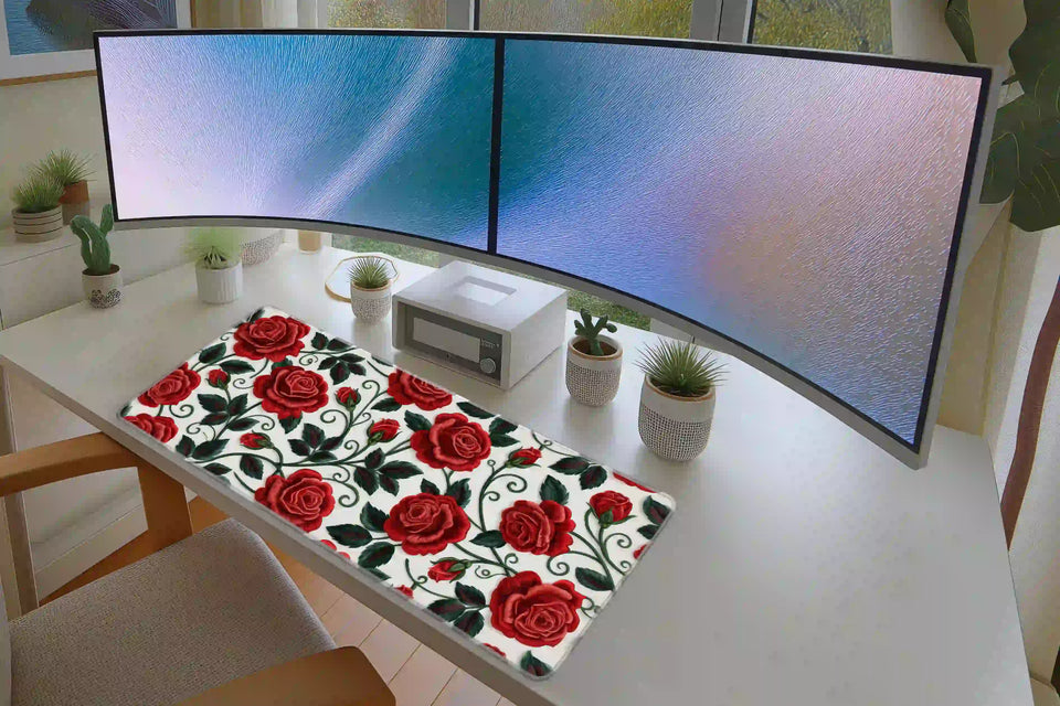 Red Rose Embroidery desk mat in a full desk setup with a keyboard and mouse layout