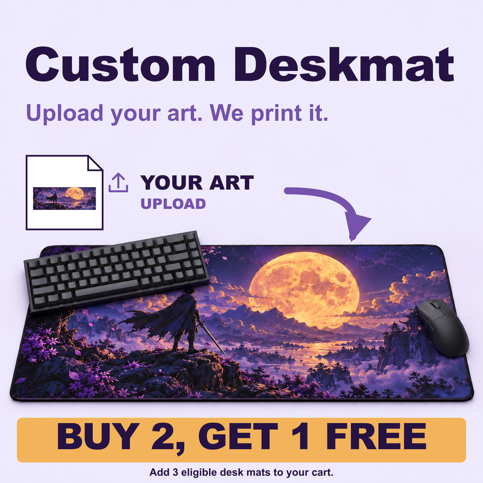 Custom desk mat with purple fantasy moon artwork beneath a keyboard and mouse; upload-your-art graphic with a buy-two-get-one-free offer.