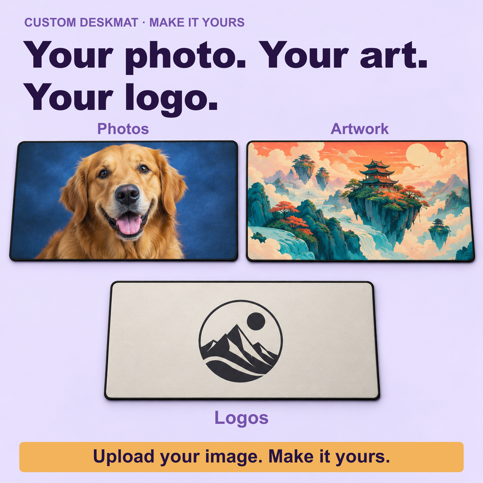 Personalized desk mat examples featuring a golden retriever photo, floating-island artwork, and a black mountain logo.