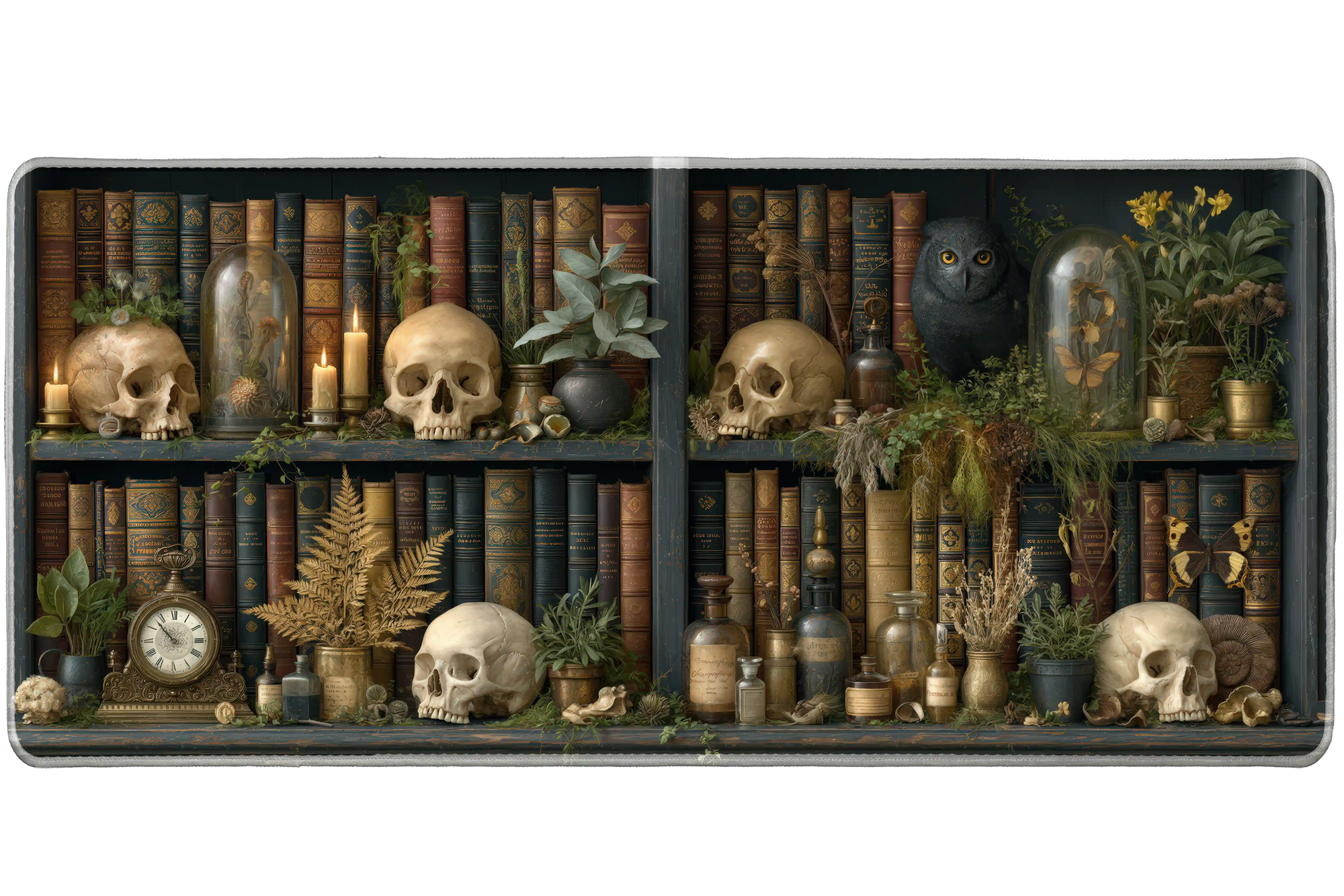 Dark Academia Skull Desk Mat | Owl Library artwork on an extended desk mat with dark academia skull design