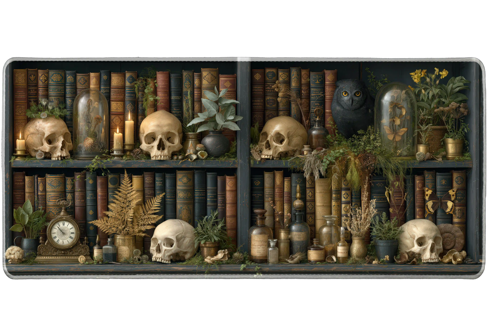 Dark Academia Skull Desk Mat | Owl Library artwork on an extended desk mat with dark academia skull design