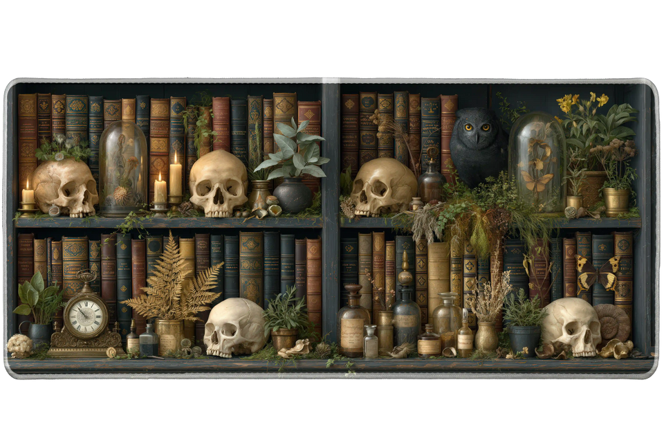 Dark Academia Skull Desk Mat | Owl Library artwork on an extended desk mat with dark academia skull design