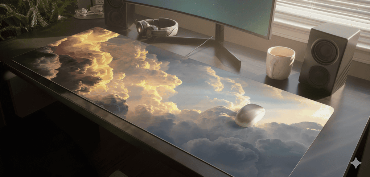 Desk with a cloud-themed surface, computer setup, and cup.