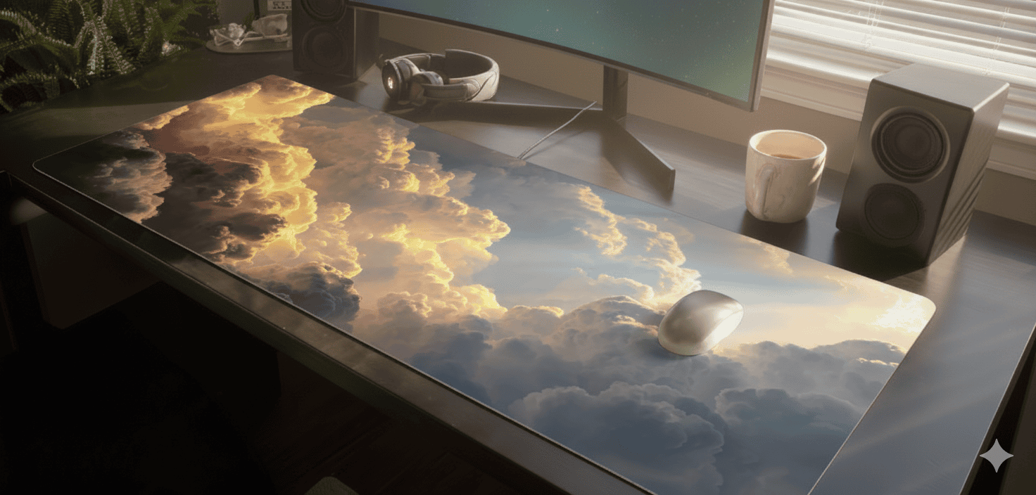 Desk with a cloud-themed surface, computer setup, and cup.