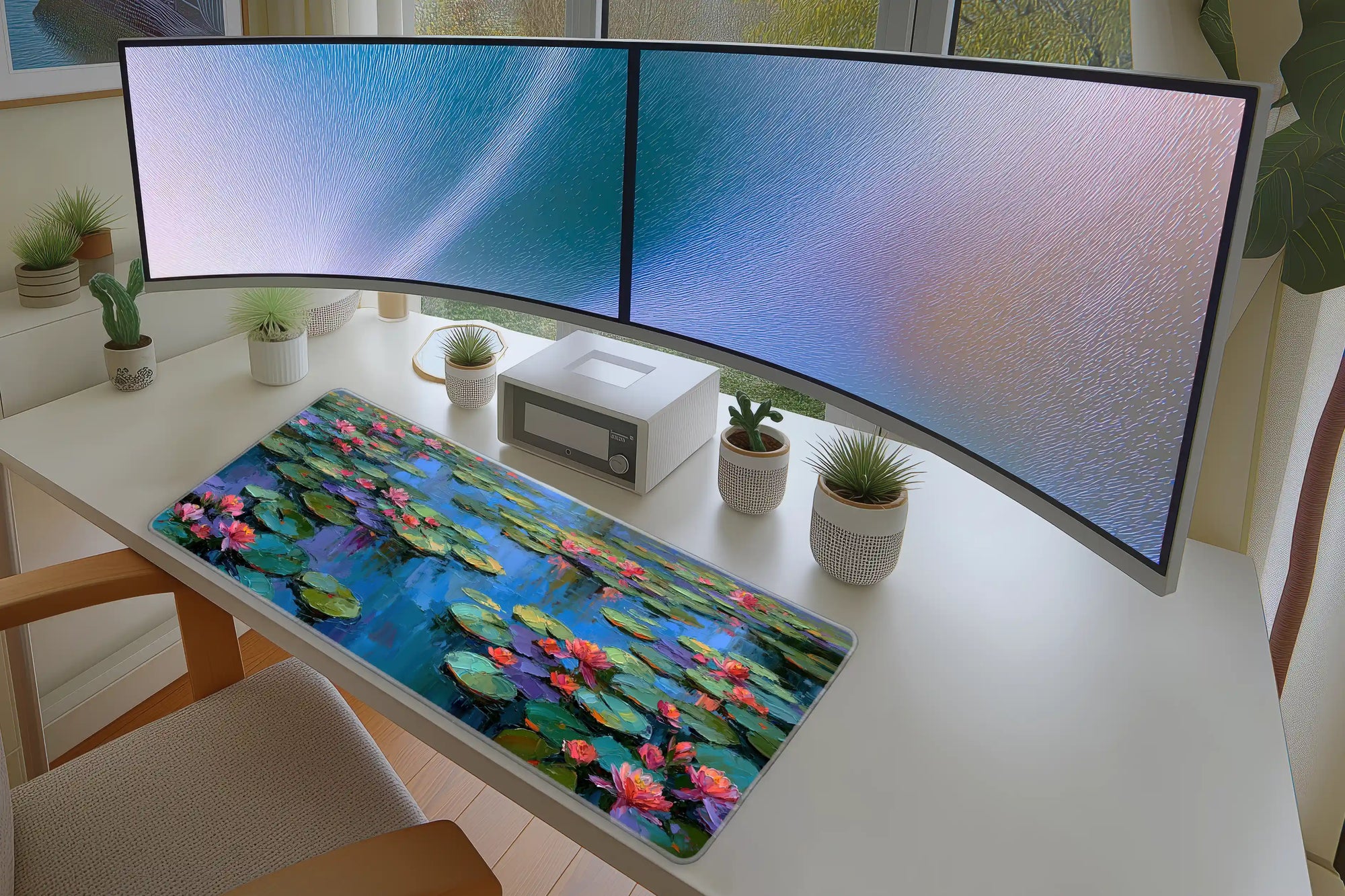 Water Lily Pond desk mat wide surface for a keyboard and mouse layout