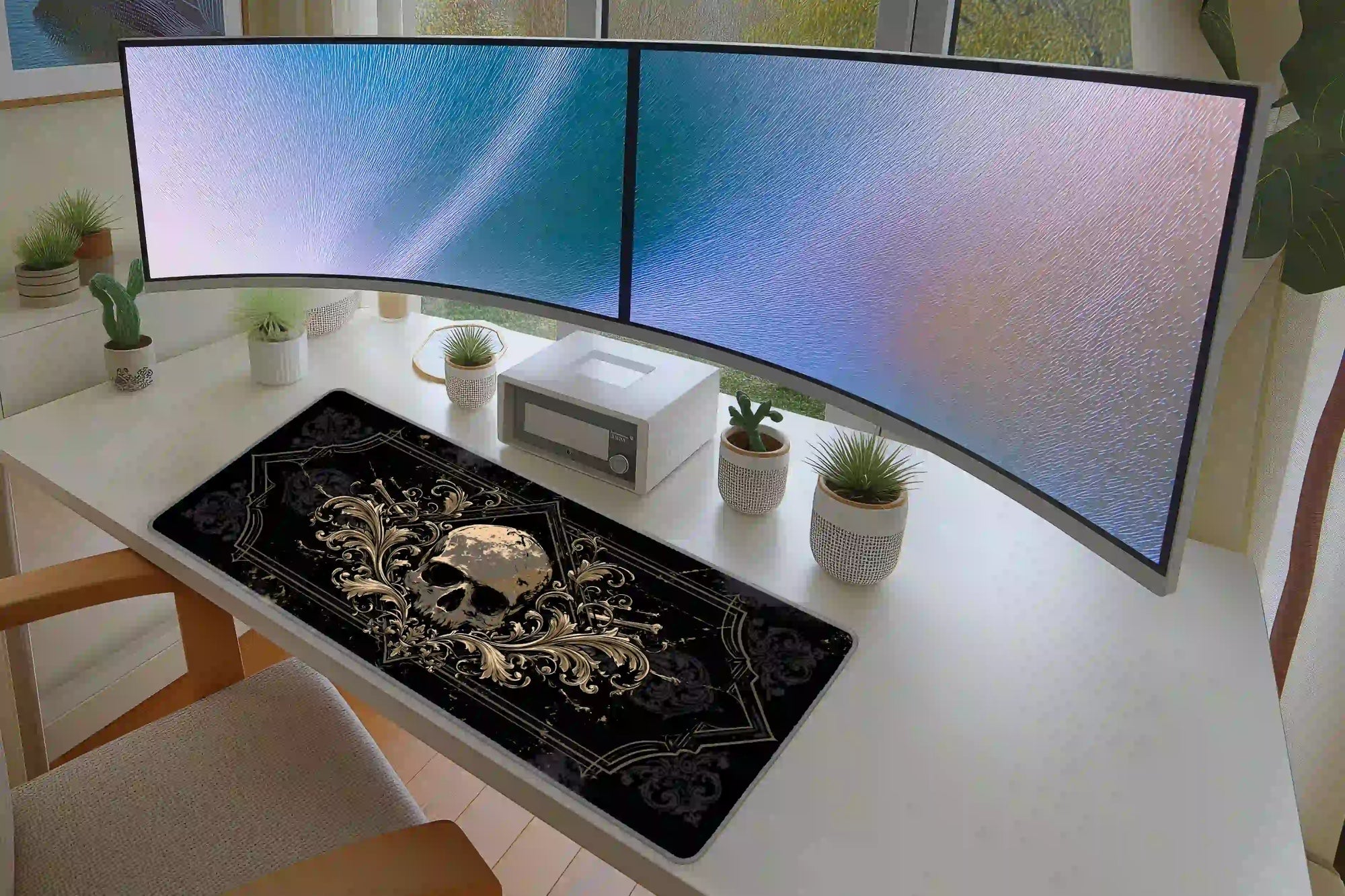 Gothic baroque skull black and gold desk mat arranged in a keyboard and mouse gaming layout