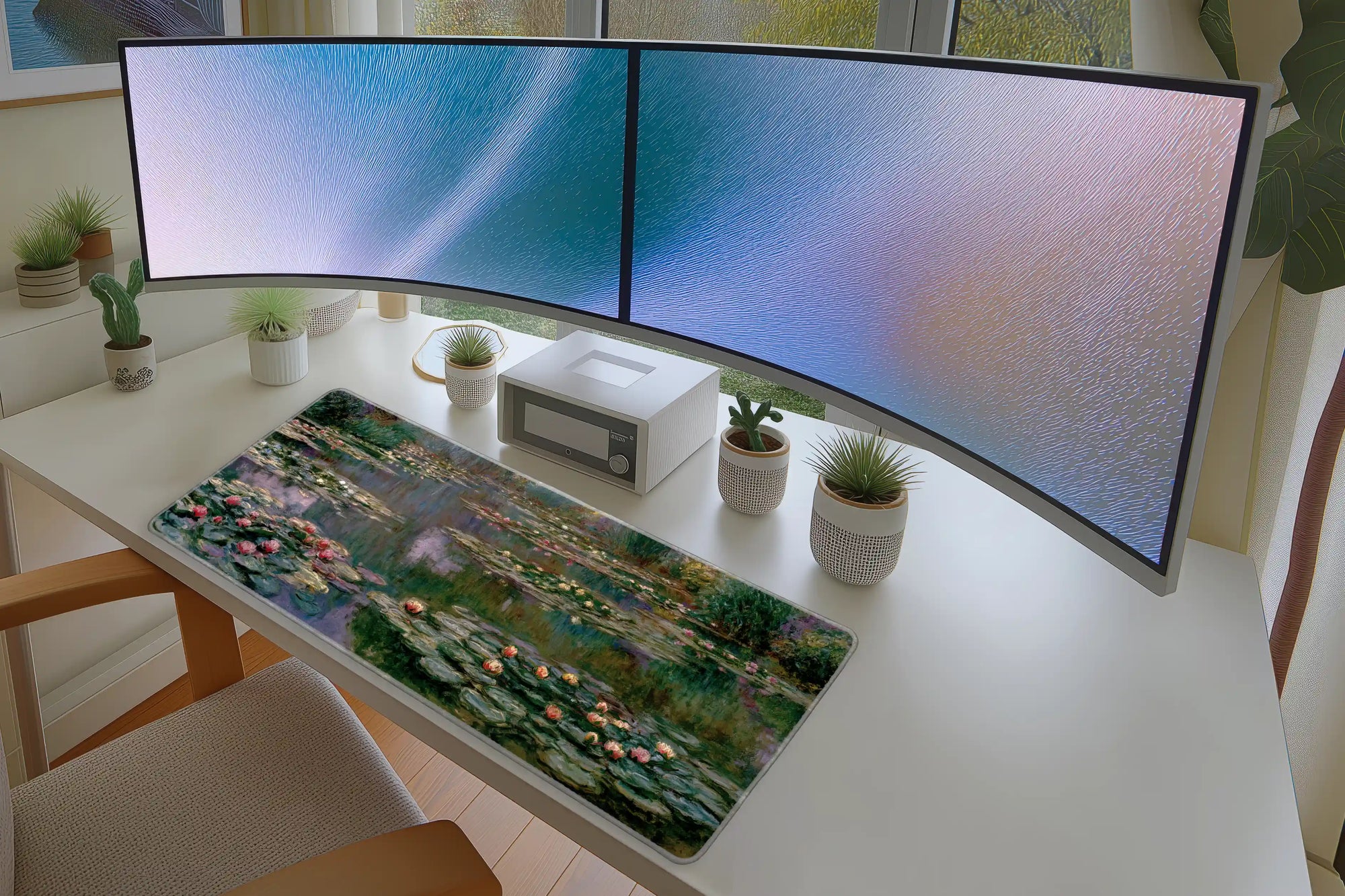Water Lily Pond Impressionist desk mat wide surface for a keyboard and mouse layout