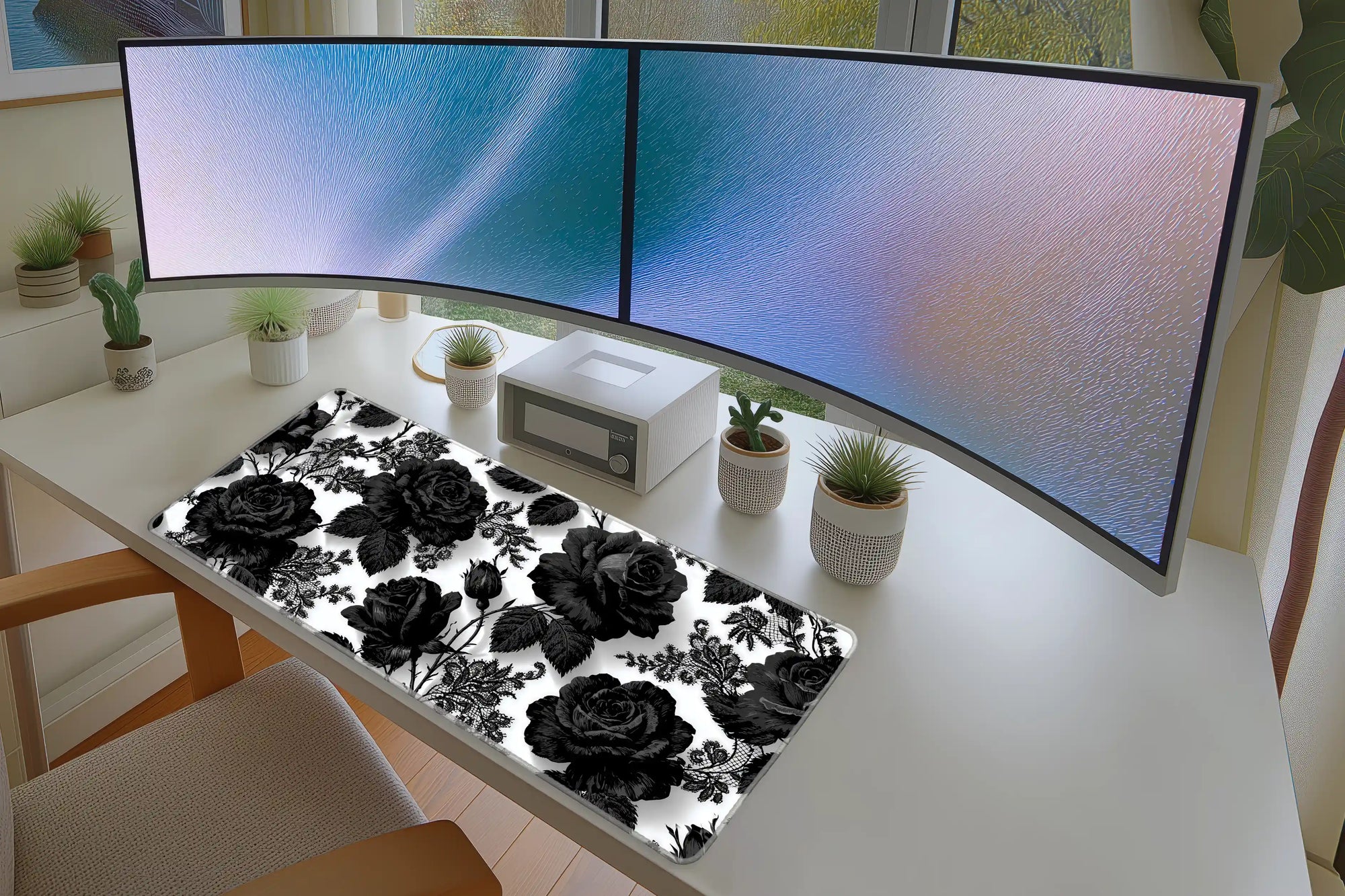 Black Rose Lace Gothic Floral mouse pad showing stitched edge detail