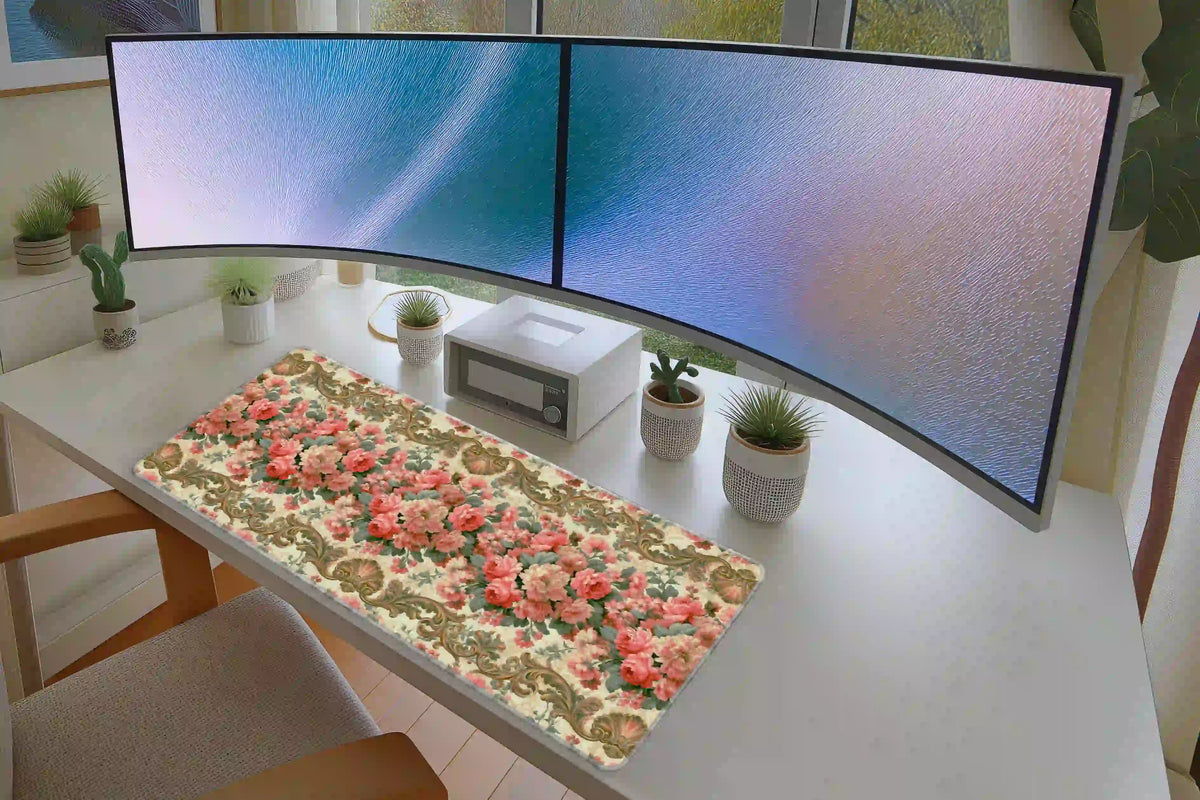 Pink baroque rose desk mat displayed across a white desk below curved monitors, with ornate floral borders visible