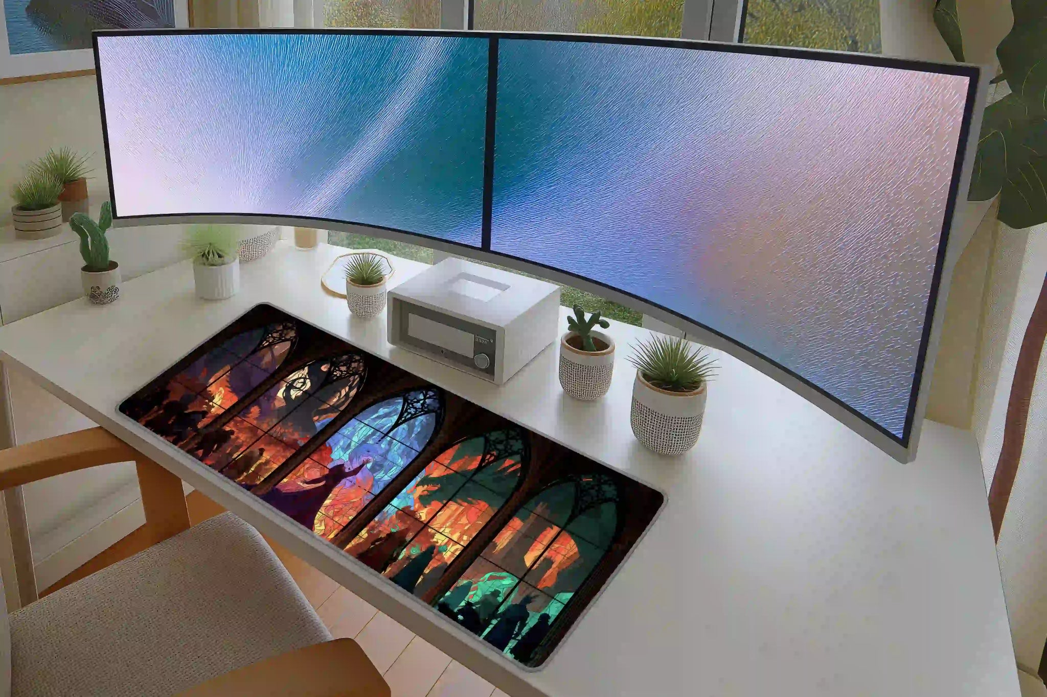 Gothic Dragon Stained Glass desk mat in a full office setup with keyboard and mouse