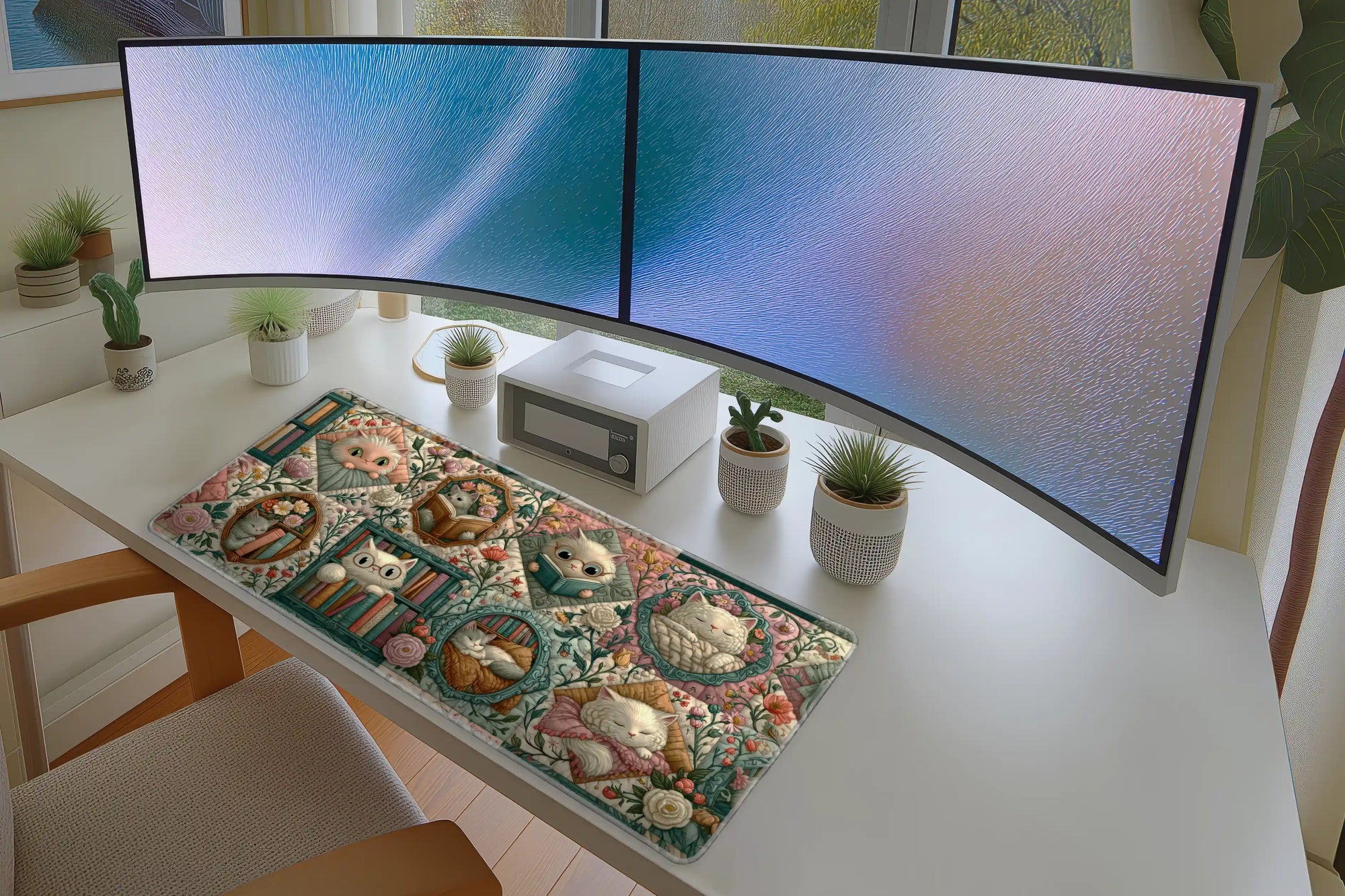Lifestyle desk mockup of Cat Quilt Desk Mat | Floral Bookshelf Pattern with keyboard and mouse layout
