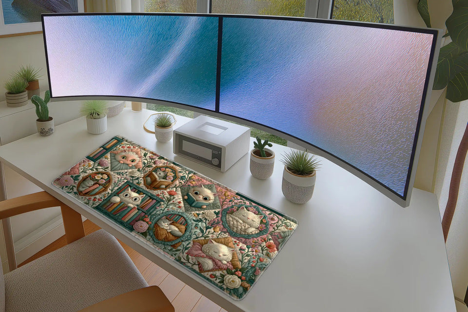Cat Quilt – Floral Bookshelf Pattern desk mat artwork and product view
