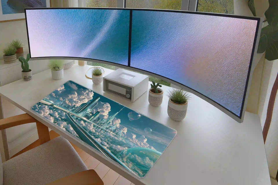 Frutiger Aero Sky City desk mat in a full desk setup with a keyboard and mouse layout