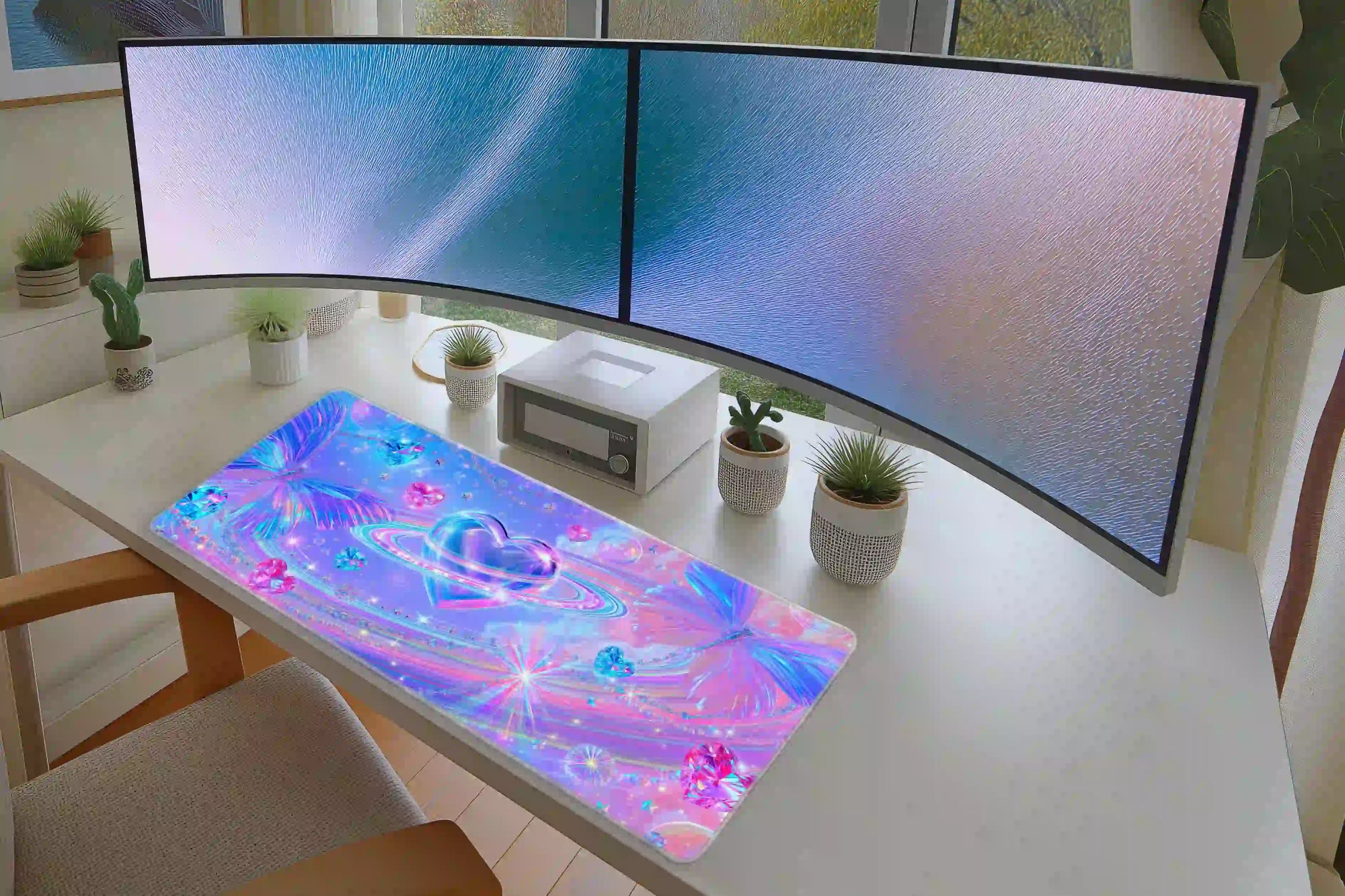 Keyboard and mouse workspace styled with the pastel Y2K heart planet butterfly desk mat