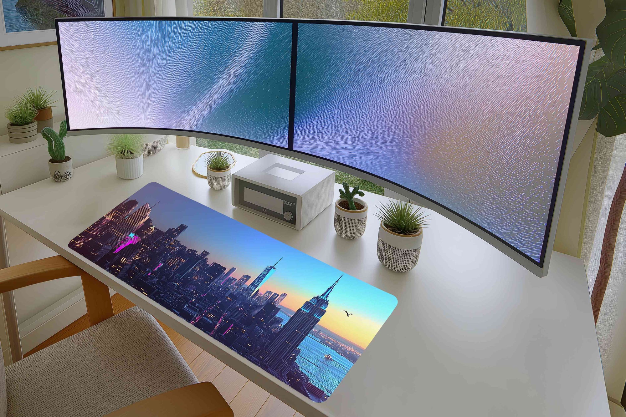 Neon New York Cityscape Mousepad – Futuristic Skyline at Dusk